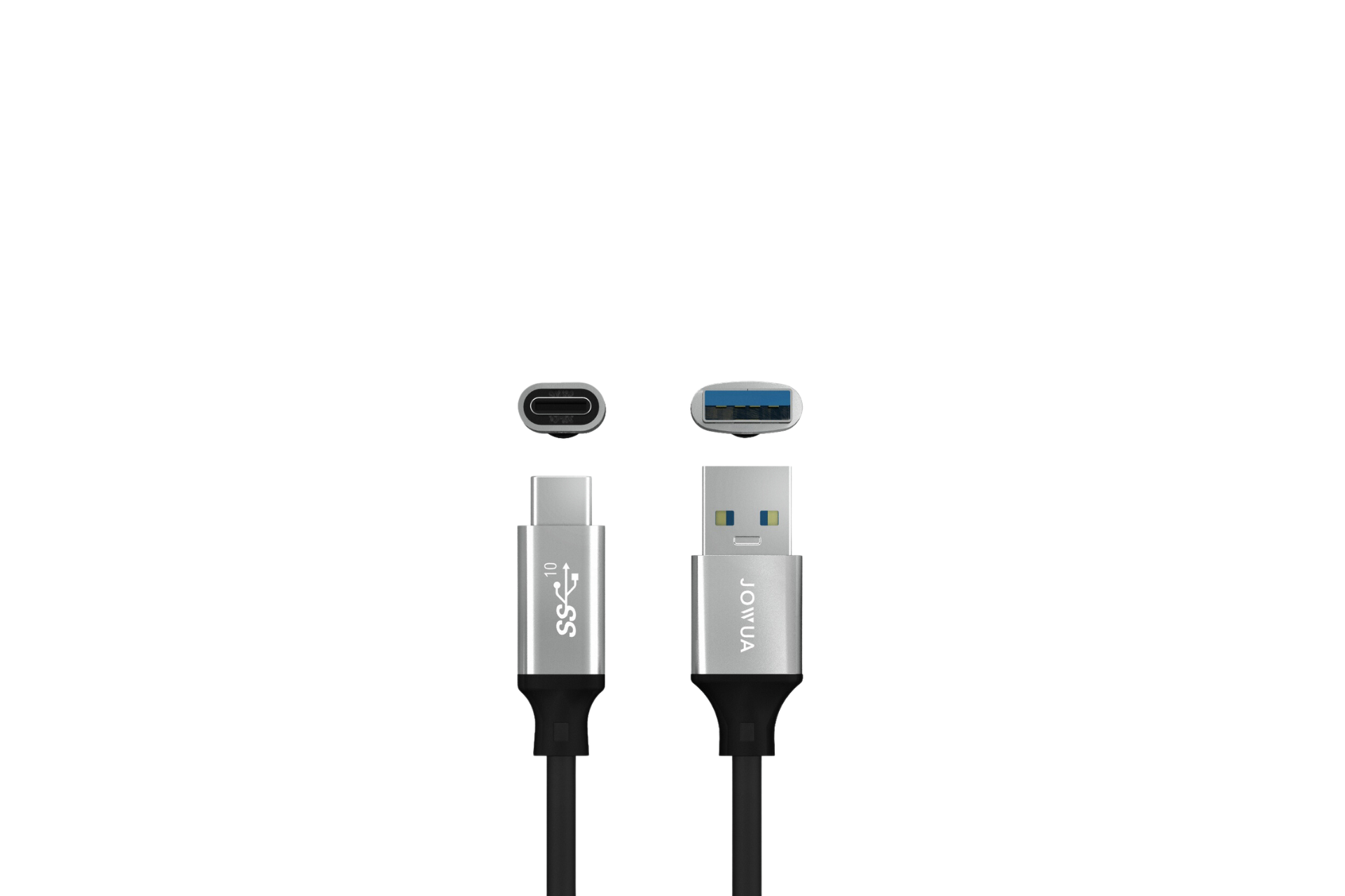 白色背景上的兩個 USB 轉接器的特寫:一個 USB-C 上標有“SS+”,速度為 10Gbps,另一個 USB-A 上標有“JOYFUL”,兩者均配有黑色電纜。產品:適用於 Tesla Steam 和 DashCam 的 SSD 高速儲存 1TB。品牌:JOWUA台灣。.