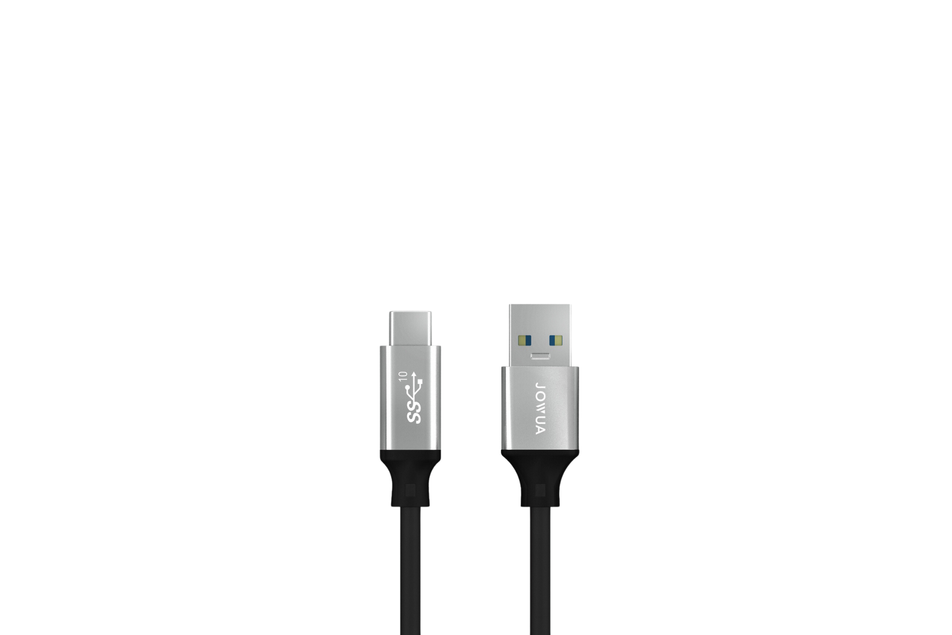 兩根 USB 線:一條帶有“SS”的 USB-C,速度為 10Gbps,非常適合 NVMe SSD;一條帶有“YVAJOL”的 USB-A,兩根線均為黑色,末端為金屬,背景為白色。非常適合用於 Tesla Steam 和 DashCam 高速儲存的 JOWUA Taiwan 1TB SSD。.