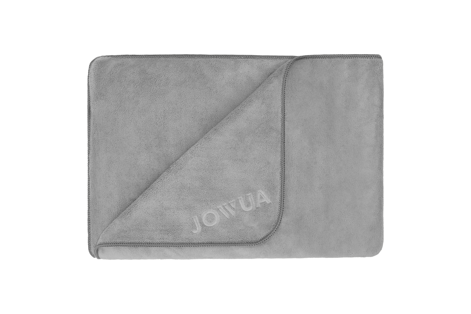 折疊式灰色超細維擦車布,由 JOWUA 台灣製造,邊緣採用縫線處理,角落印有“JOWUA”字樣,具有卓越的清潔度和卓越的吸水性能。.