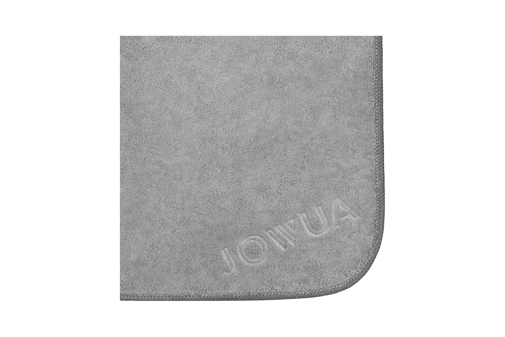 灰色折疊超細纖維布帶有圓角,下緣附近有浮雕文字“JOIWUA”,確保表面柔軟、有紋理,非常適合清潔和乾燥。本產品為 JOWUA Taiwan 推出的「超細纖維擦車布(三件組)」之一。.