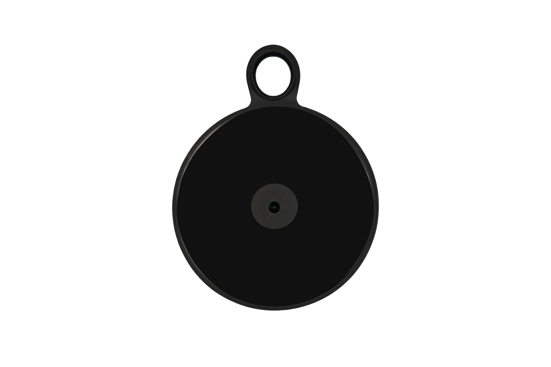 A sleek black round item with a small central dot and top loop, resembling a tag or ornament on white background, tailored for 儀表板底座(六維隱藏車架專用) applications.