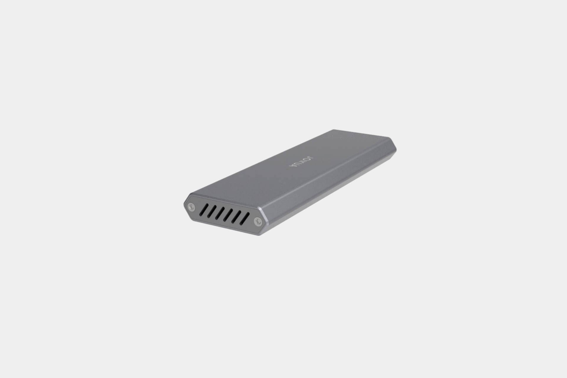 在純白色背景上展示一款時尚、矩形的灰色 JOWUA Taiwan SSD(適用於 Tesla Steam & DashCam 高速儲存 1TB),具有通風設計和 USB-C 端口,速度可達 10Gbps。.