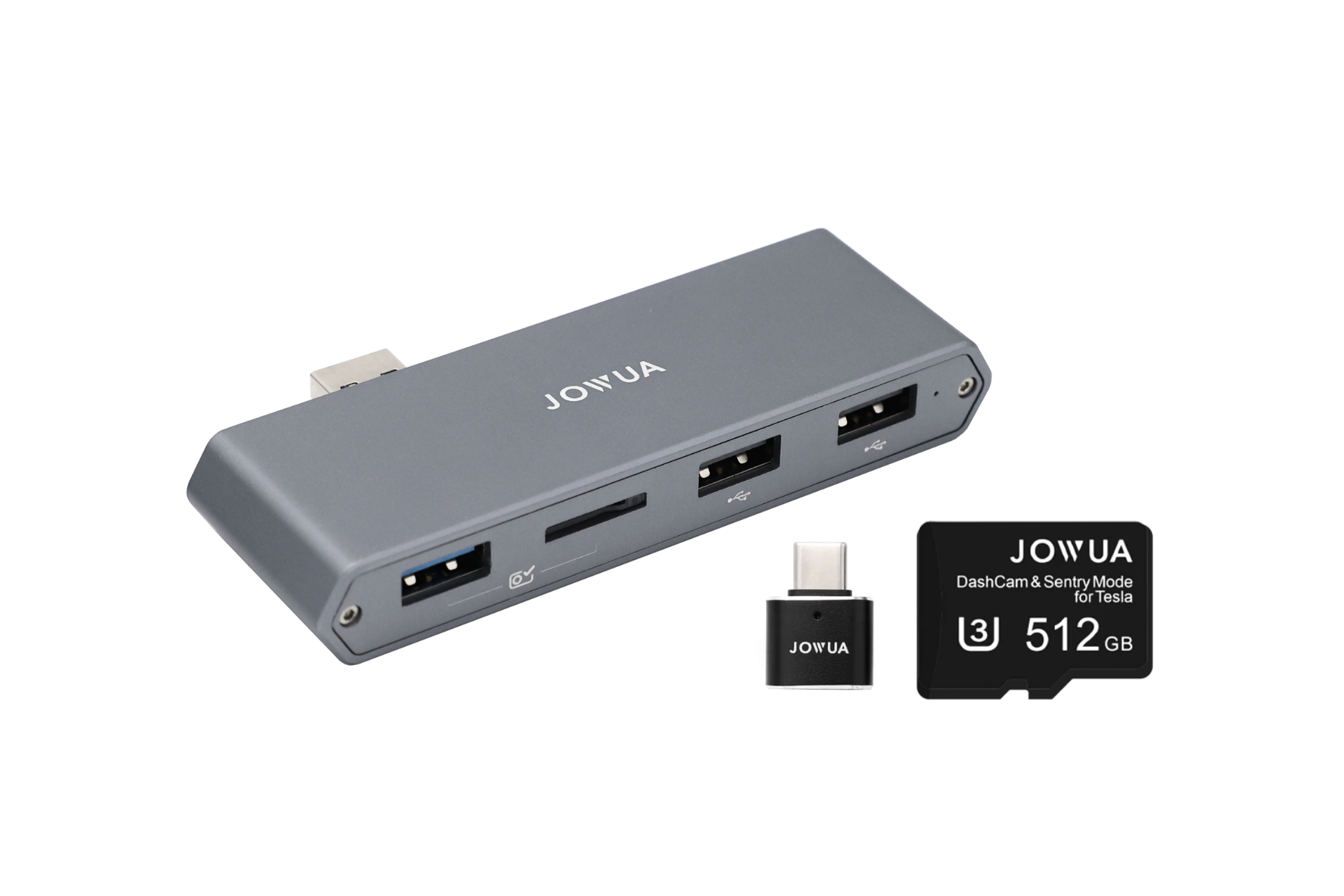 灰色的 Jowua Taiwan Tesla 雙重使用儲值HUB(讀卡機和原廠 USB)針對 HW4.0 進行了最佳化,具有兩個 USB-A 連接埠、一個 microSD 插槽和一個整合式 USB 連接器。它與光滑的 512 GB microSD 卡和適配器配對,作為特斯拉配件。.