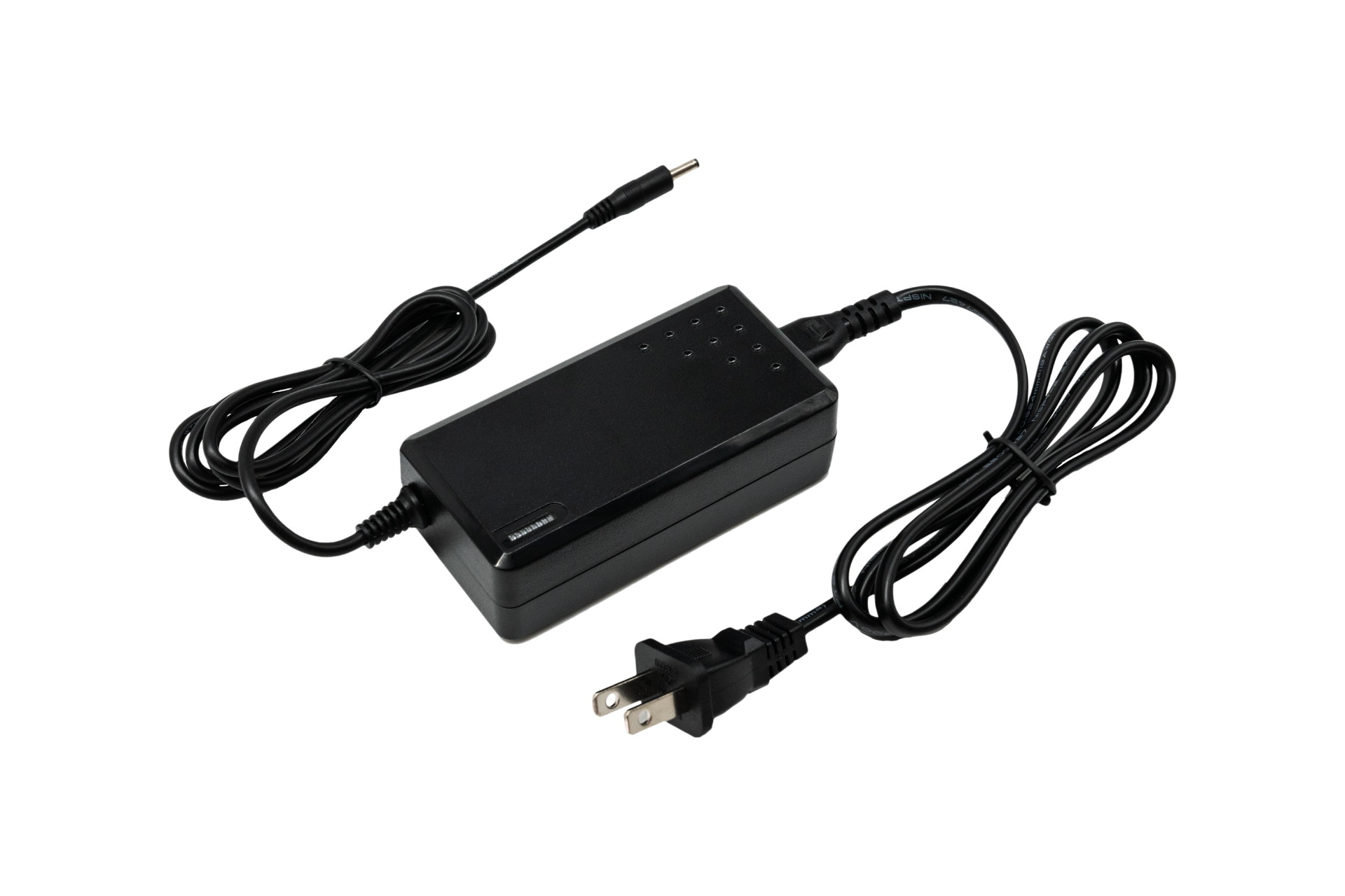 由 JOWUA Taiwan 所製造的黑色 84W 家用充電器_折疊電動滑板車 LR 專用,其特色為電源線配備兩孔插頭及圓形接頭,以白色隔離;如需更多詳細資訊,請參閱使用手冊或 FAQ。.