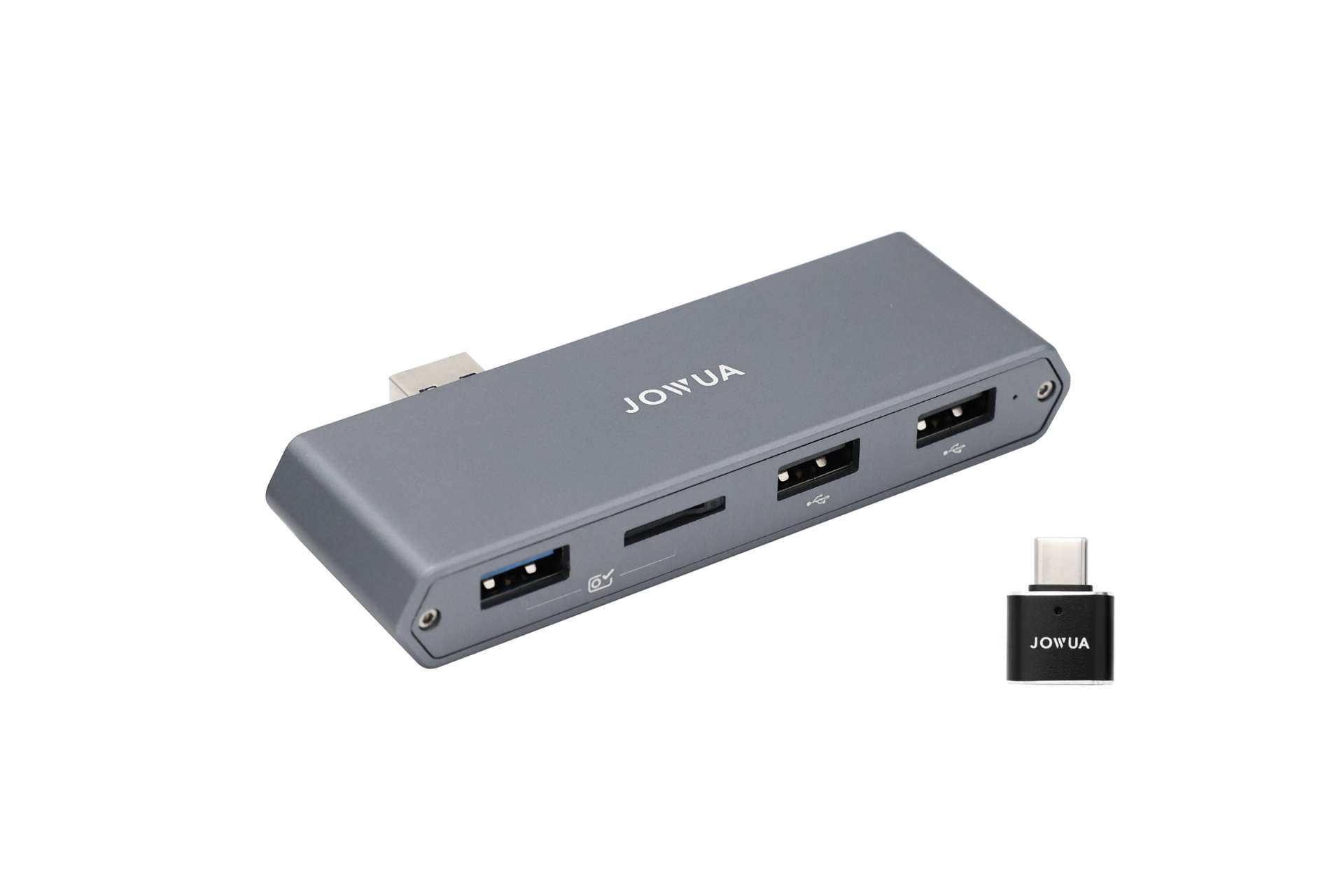 時尚的灰色 JOWUA 台灣 Tesla 雙重儲存 HUB 配備大量 USB 擴充功能和 SD 卡插槽,並配有可拆卸 USB-C 轉接器,以白色為背景,是與 2024+ Model S/X/Model 3/Cybertruck 車輛無縫集成的理想配件。.