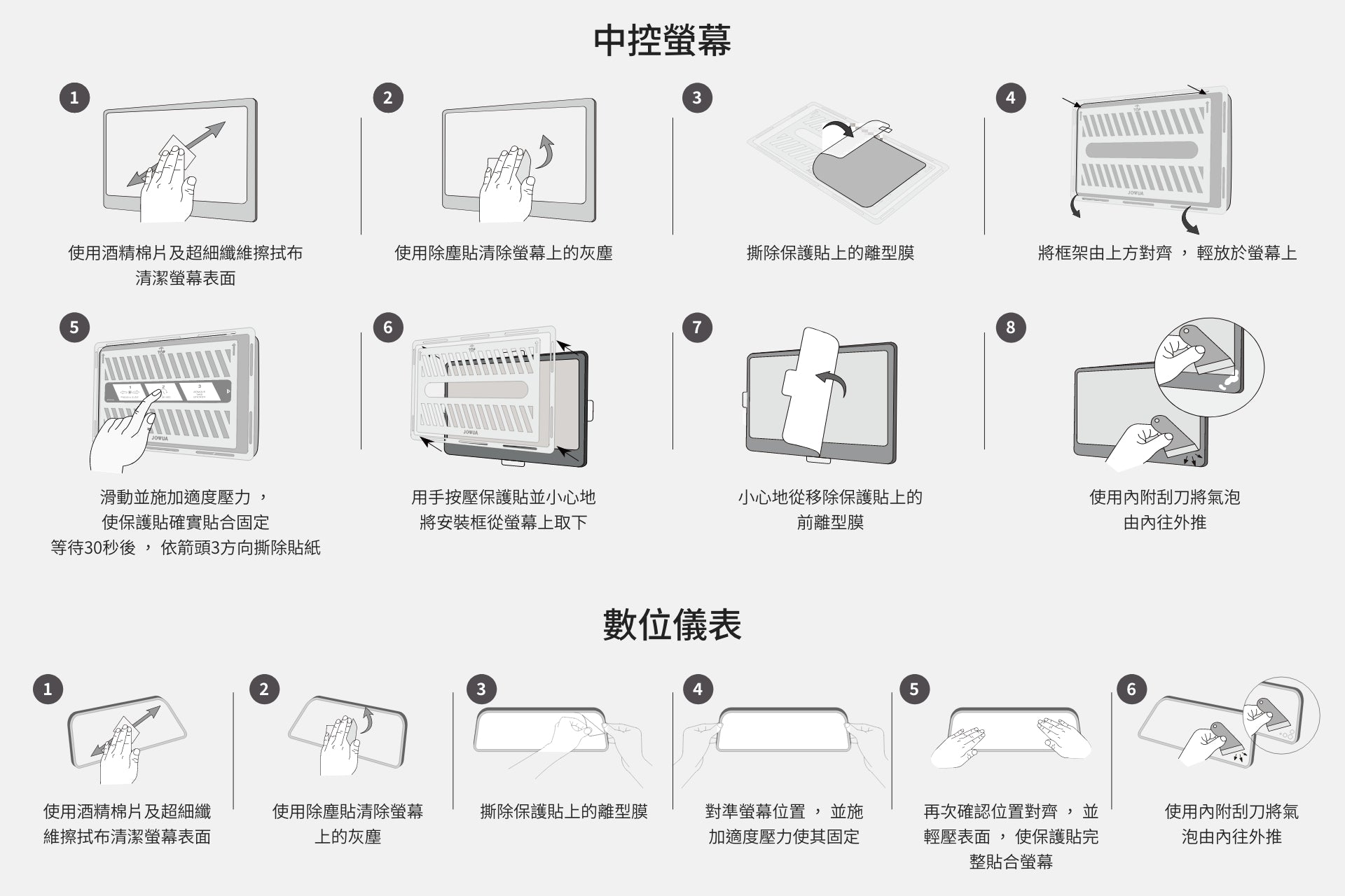 逐步說明如何使用抹布和軟刷清潔 JOWUA Taiwan 中控螢幕+儀表螢幕保護貼合組 (Foxtron Bria)。.