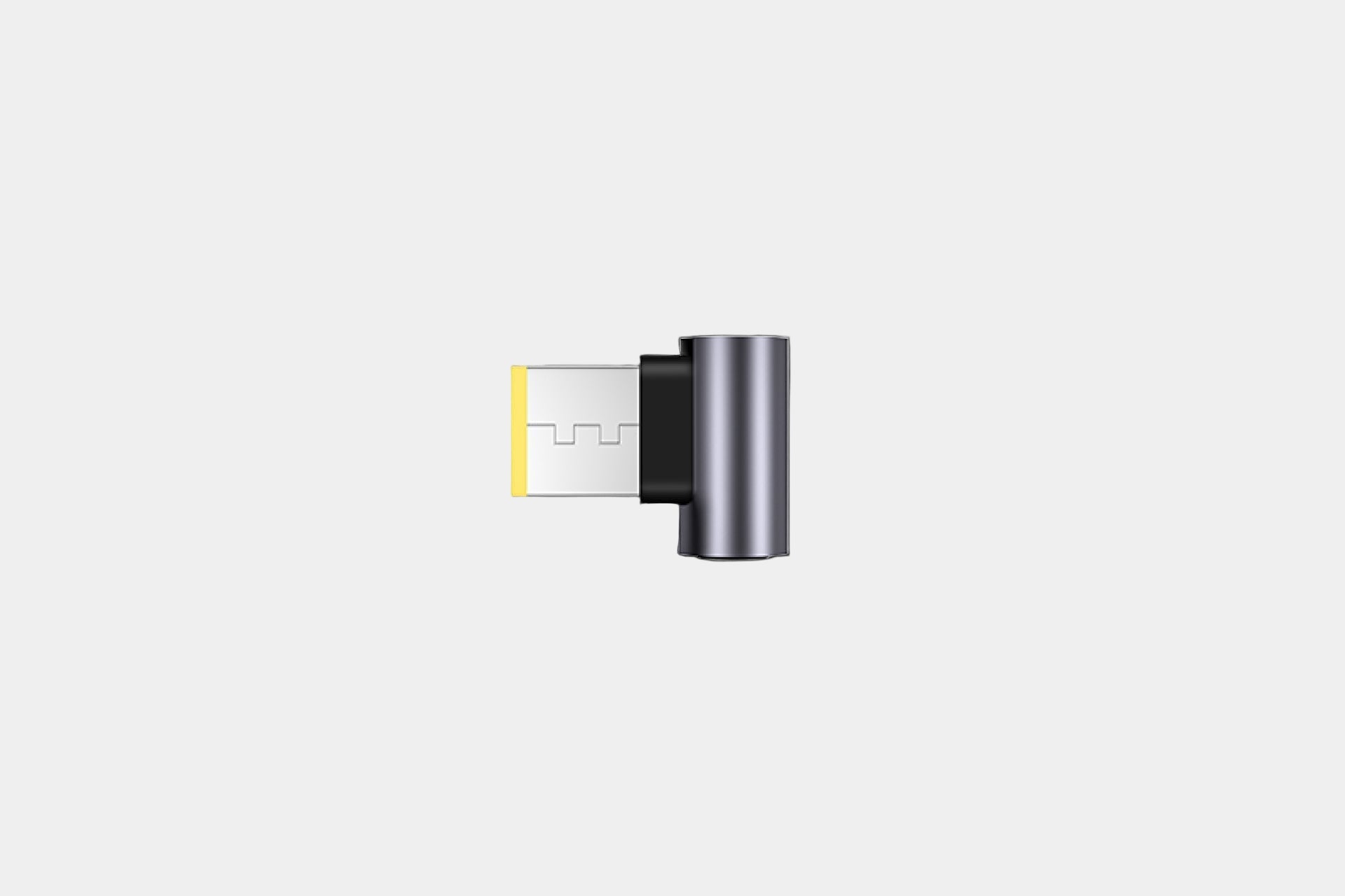 JOWUA Taiwan 通用筆電車用磁吸充電線的側面圖,專為非 USB-C 筆記型電腦設計,展示了一個小型 USB 隨身碟,白色背景上帶有金屬黑色外殼和黃色磁性連接器尖端。.