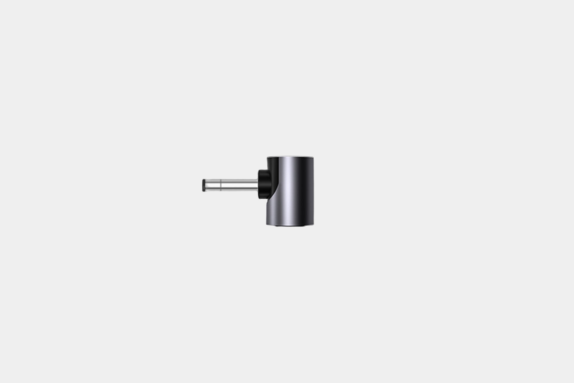 時尚的 JOWUA 台灣通用筆電車用磁吸充電線,專為非 USB-C 筆記型電腦快速充電而設計,採用帶有短桿的金屬圓柱形連接器,以白色背景為中心。.