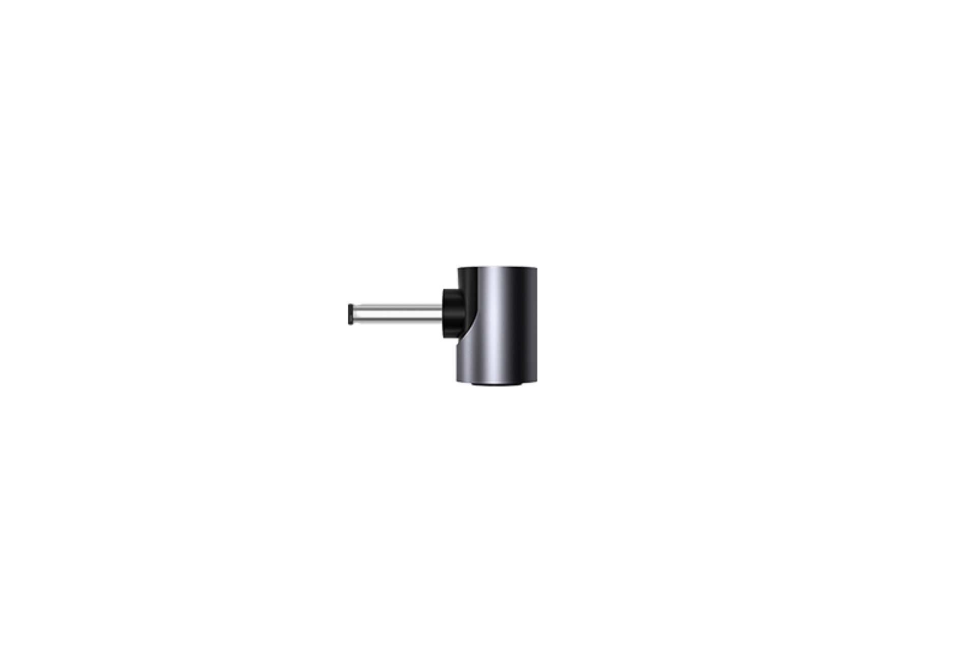 JOWUA Taiwan 的產品通用筆電車用磁吸充電線(為非 USB-C 筆電而設計)採用簡約的黑色圓柱形掛鉤,帶有短突出臂和磁性連接,以白色為背景。.