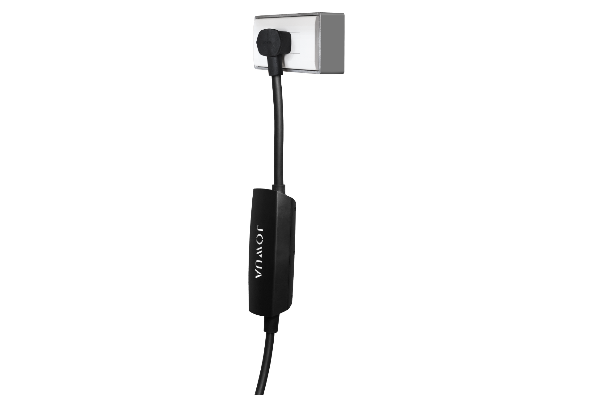 黑色JOWUA台灣雙用行動充電器4.4kW(CCS2-AC Type-2)+NEMA 6-20轉接器組合插入白色牆壁插座,其靈活的形式和向下延伸的連接電纜。.