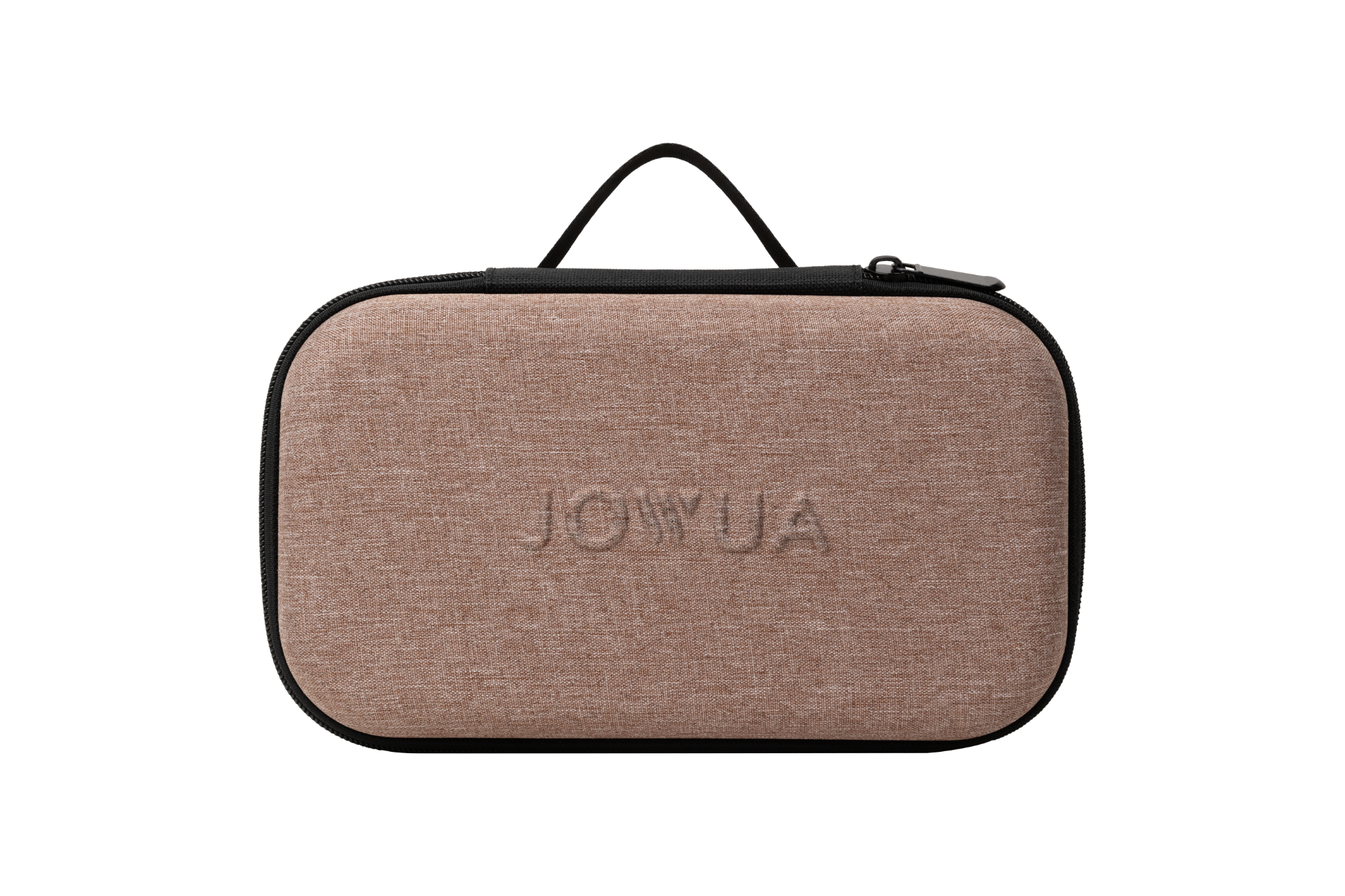 矩形淺棕色織物手提箱,配有黑色拉鍊、頂部手柄和 JOWUA 台灣品牌標誌 - 非常適合存放您的充氣機充電組件和相關配件。.