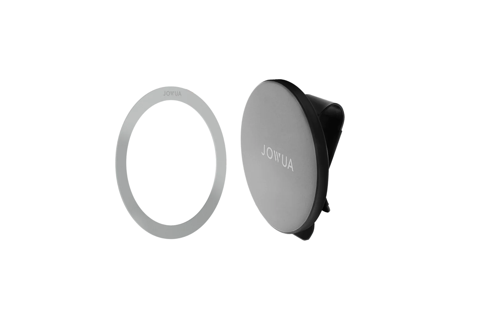 圓形銀色 JOWUA Taiwan MagSafe 磁吸掛鎛組 (Model S/X/Y 煥新版) 手機握柄旁是配套的圓形粘合環,兩者均設計為與 iPhone MagSafe 兼容,並展示在白色背景上。.