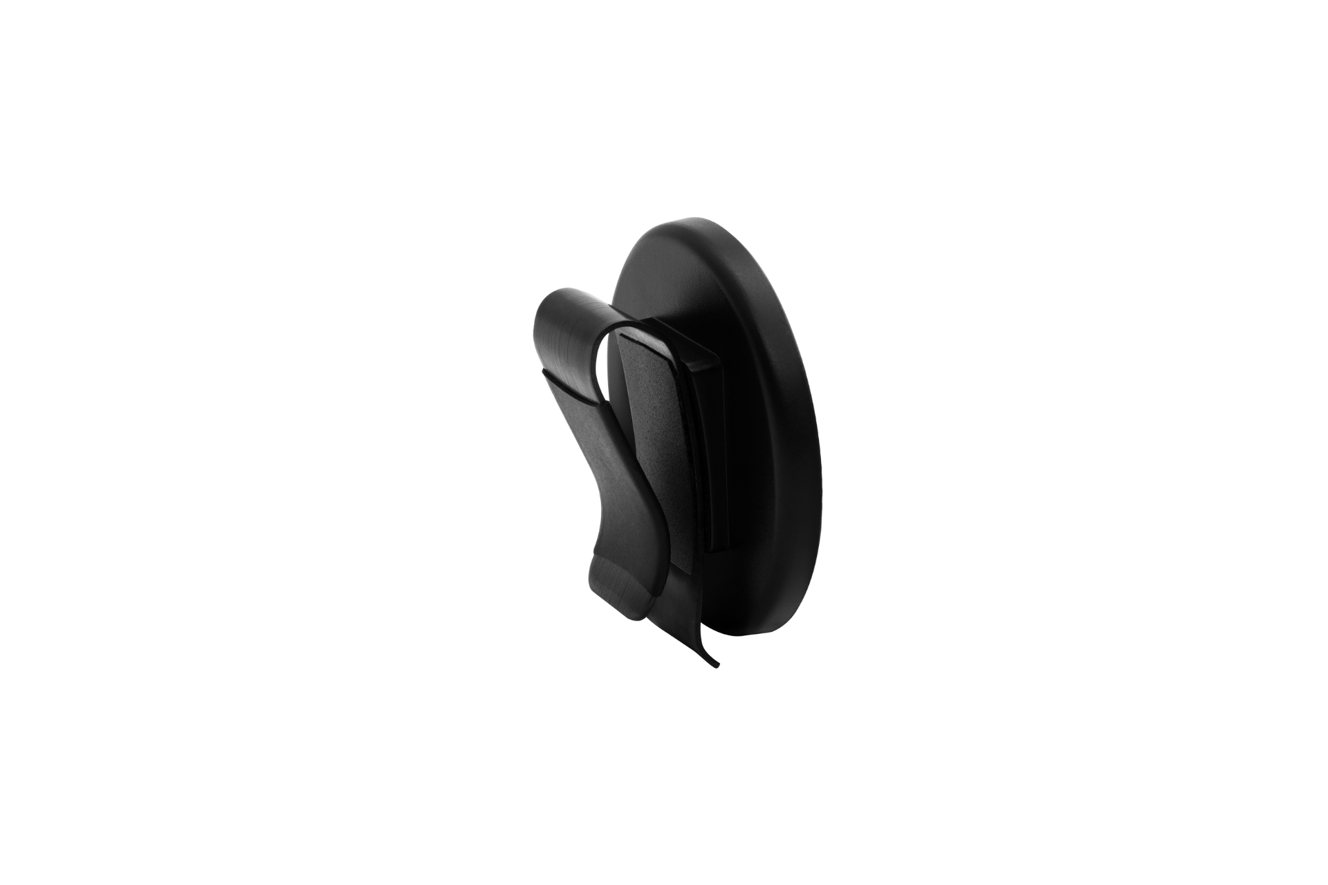 黑色圓形 JOWUA 台灣 MagSafe 磁吸掛鉤組 (Model S/X/Y 煥新版) 車用電話支架,帶夾式磁鐵,兼容 iPhone MagSafe 磁吸,非常適合 Model S/X 或 Model Y 椅背,以白色背景顯示。.
