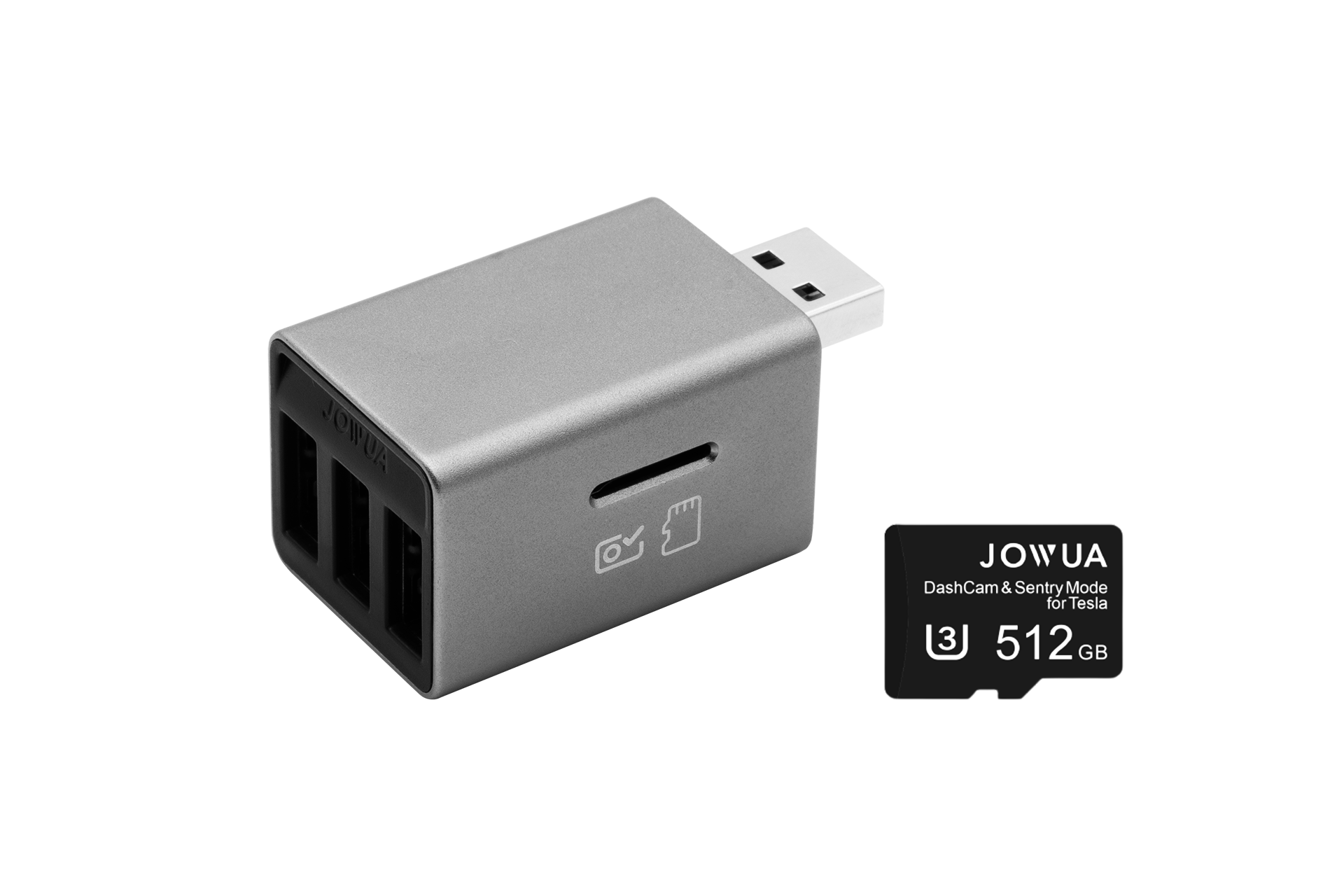 灰色JOWUA台灣手套箱專用3口集線器+讀卡器,標示512GB JOWUA記憶卡。專為 Tesla 手套箱擴充設計,非常適合行車記錄器和哨兵模式,採用 USB3 抗干擾技術,性能可靠。.