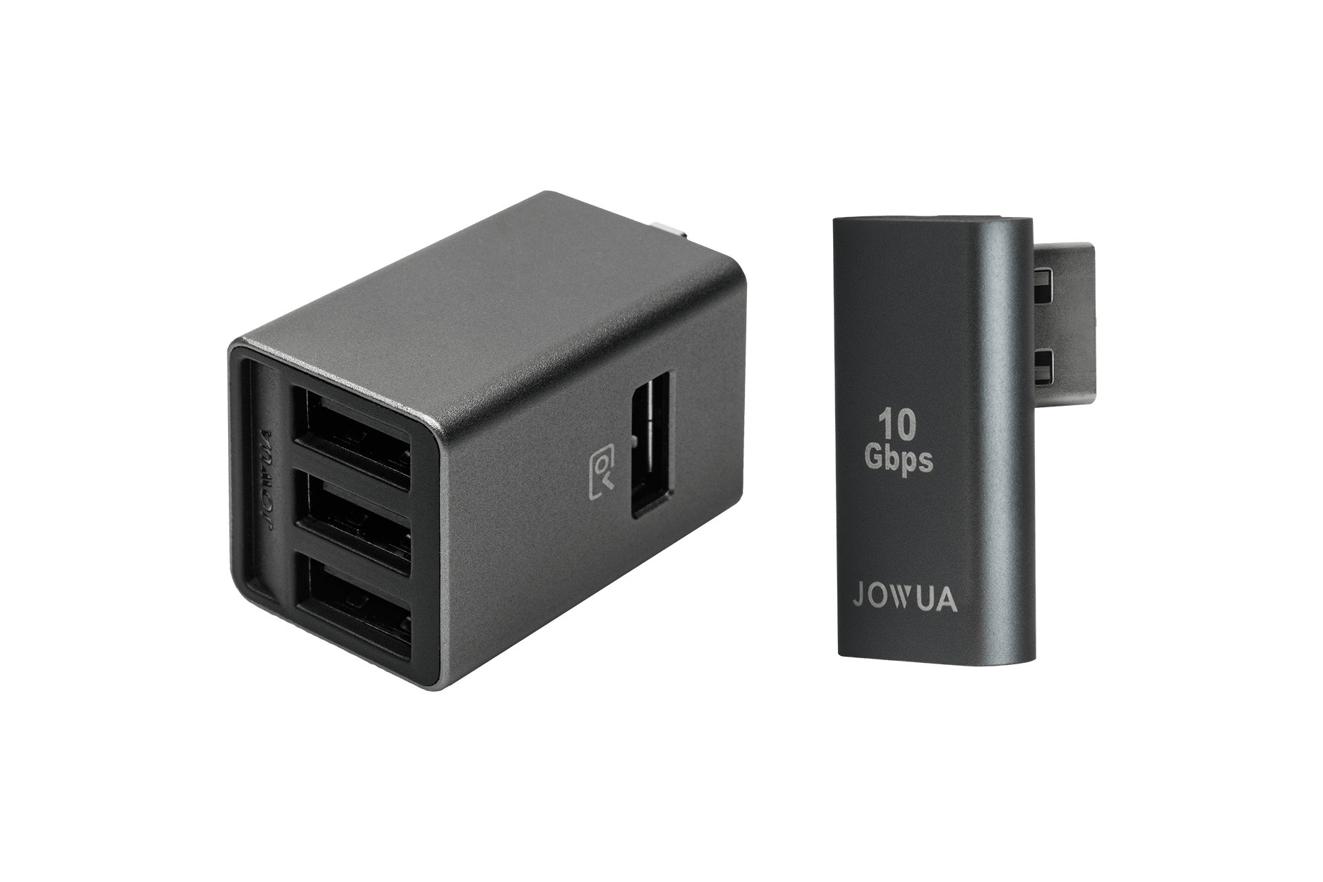 JOWUA 台灣手套專用箱 4 埠集線器組(型號 3/Y)配有黑色 USB 壁式充電器、四個 USB 連接埠和 10 Gbps 轉接器,支援 USB 高速儲存影像和搖桿支援 - 所有這些都設定在時尚的黑色背景下。.