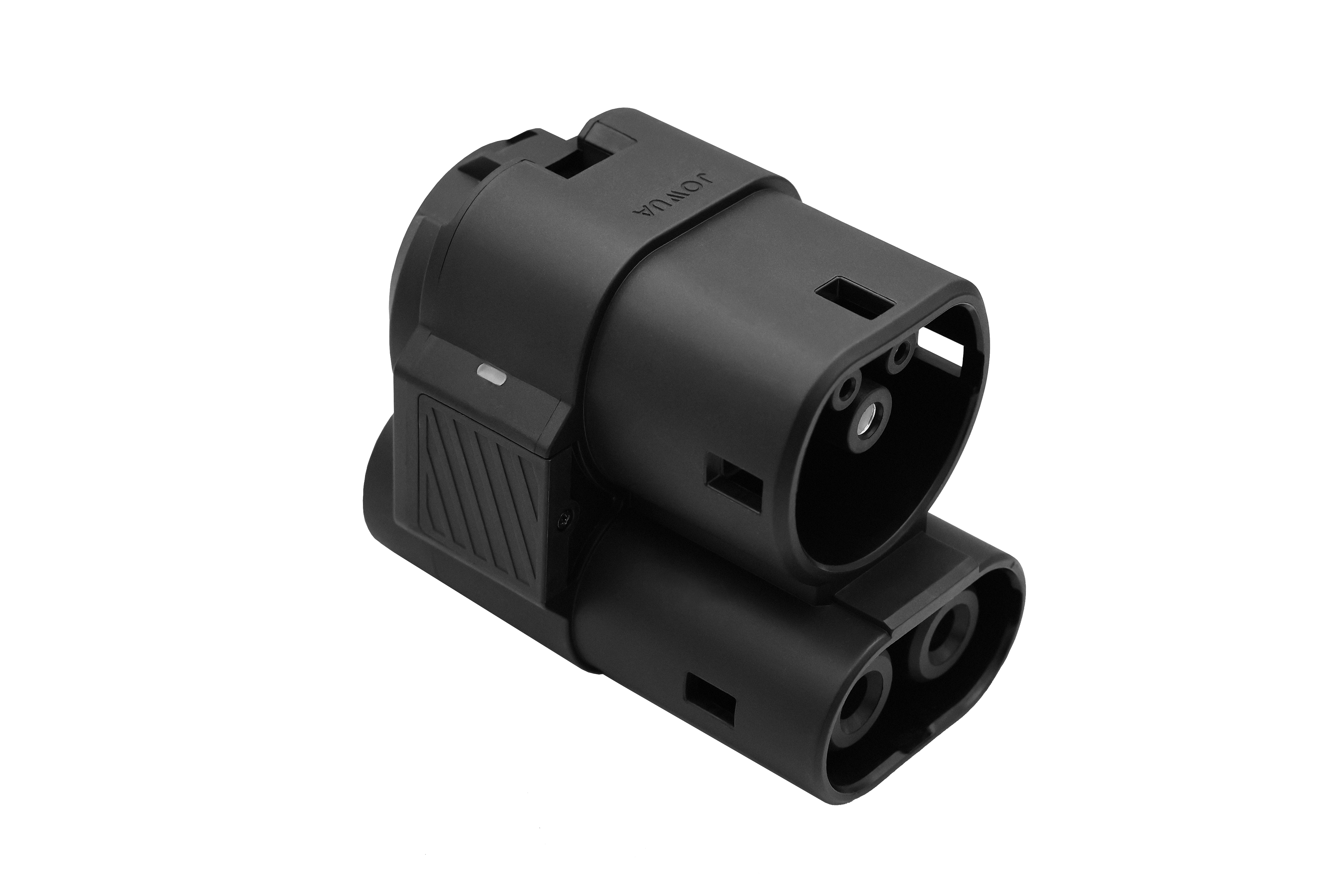 JOWUA Taiwan CCS2 DC & AC 快慢充萬用組為黑色電動車充電轉接器,配備兩個圓柱型接頭及長方型底座,專為連接快慢充電樁及各種電動車充電標準而設計。以純白背景顯示。.