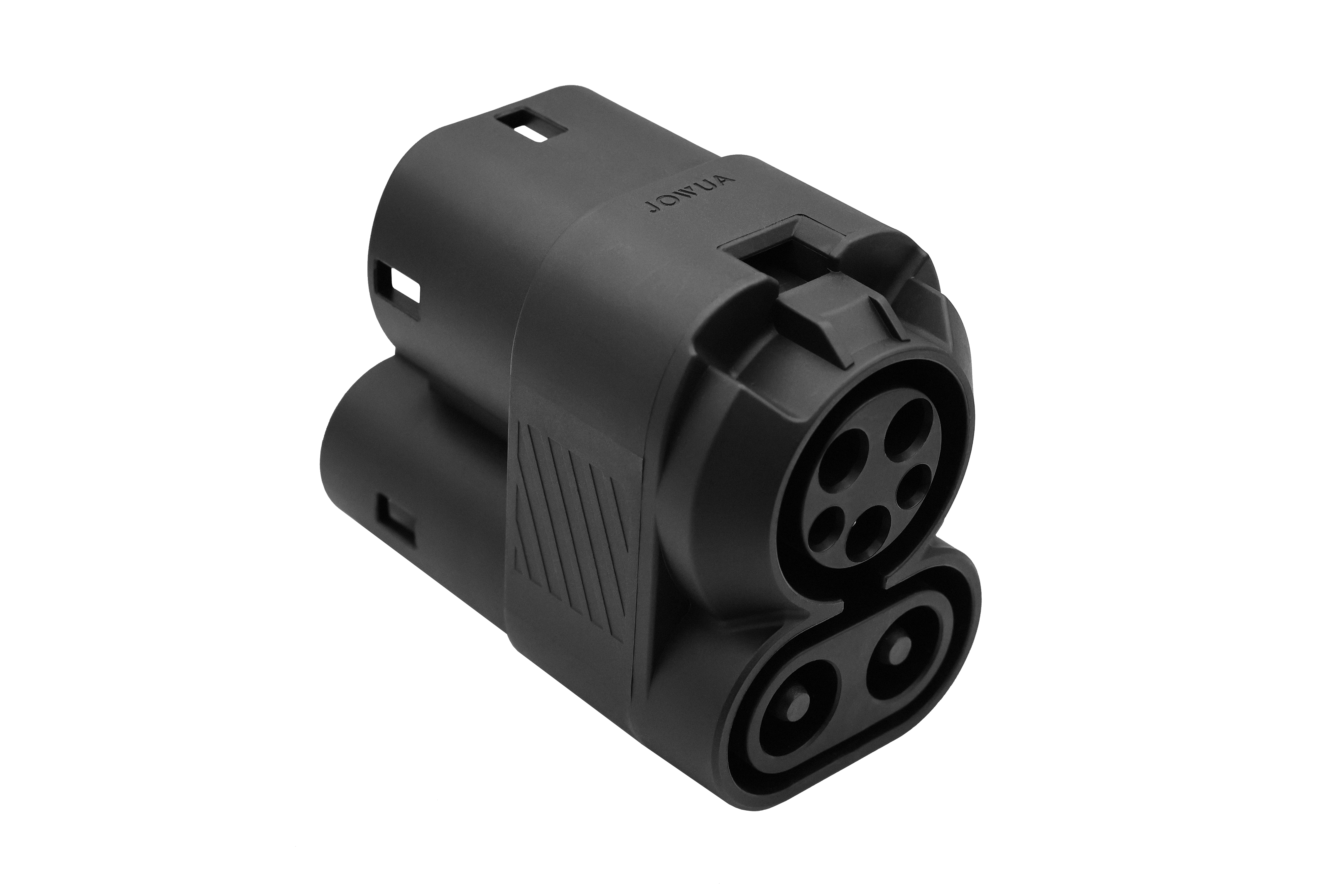 JOWUA 台灣 CCS2 快慢充萬用組(通用版)是一款適用於電動車的黑色充電連接器,相容於 J1772 轉 CCS2 或 AC 慢充,具有多個圓形針腳,並顯示在純白色背景上。.