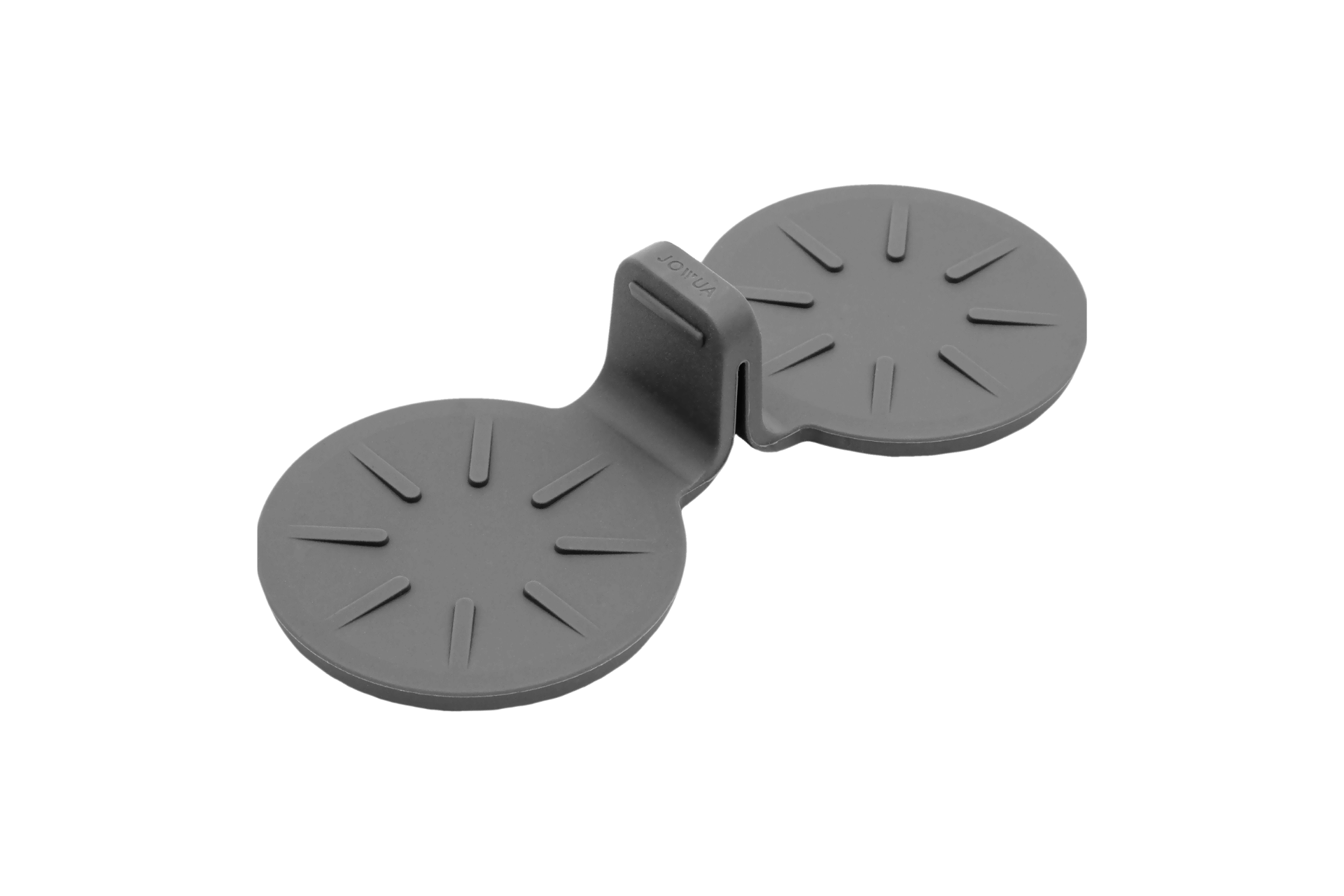 JOWUA 台灣後排杯墊(Model S)是一款雙灰色磁鐵式支架,具有兩個由垂直部分連接的扁平圓形底座。它以矽膠材質製成,每個圓環上都有星形圖案的凸紋。.