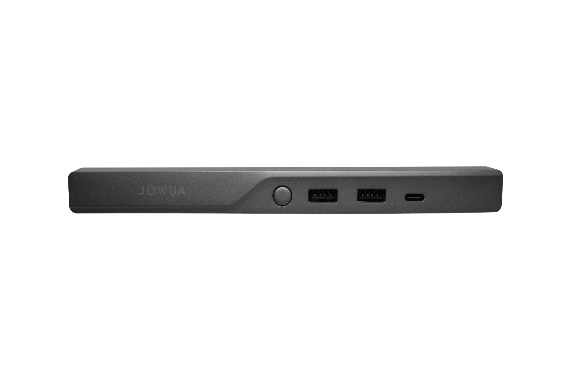 JOWUA 台灣特斯拉 Model S/X 專用 Hub Bar Mini 是一款時尚的深灰色設備,具有兩個 USB 連接埠、一個 USB-C 連接埠和一個圓形前置按鈕。它提供動態電流管理,實現高效配電。品牌名稱顯示在左側。.