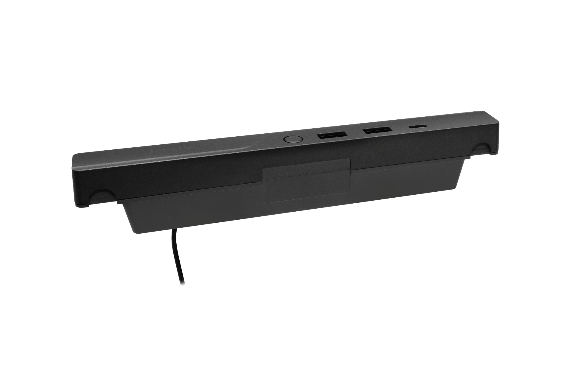 JOWUA 台灣 Tesla Model S/X 專用 Hub Bar Mini 是一款黑色電池組,底部突出,帶有連接線和 USB-C 集線器。它擁有多個連接埠、動態電流管理和一個上側按鈕——非常適合特斯拉配件。.