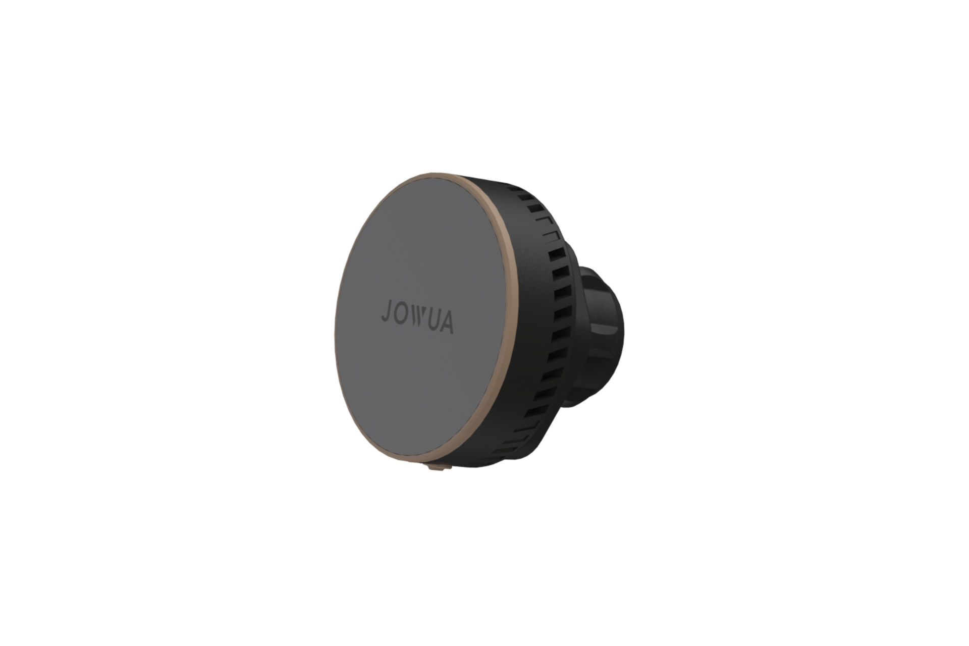 在白色背景下,一個標有「JOWUA Taiwan Store RMA」字樣的圓形黑灰色裝置從一個微小的角度呈現,其特色在於通風的一面和電子外觀。.