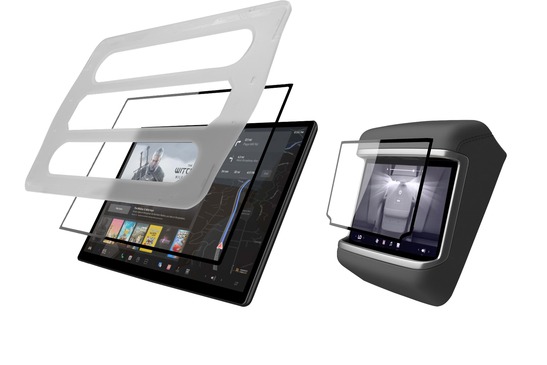 汽車資訊娛樂系統的分解圖顯示了各個層,包括由 9H 玻璃製成的觸控螢幕和保護框架。應用程式和影片顯示在螢幕上。圖中較小的後座系統採用了 JOWUA 台灣的防眩抗指紋保護貼 (Model S/X) 塗層。.