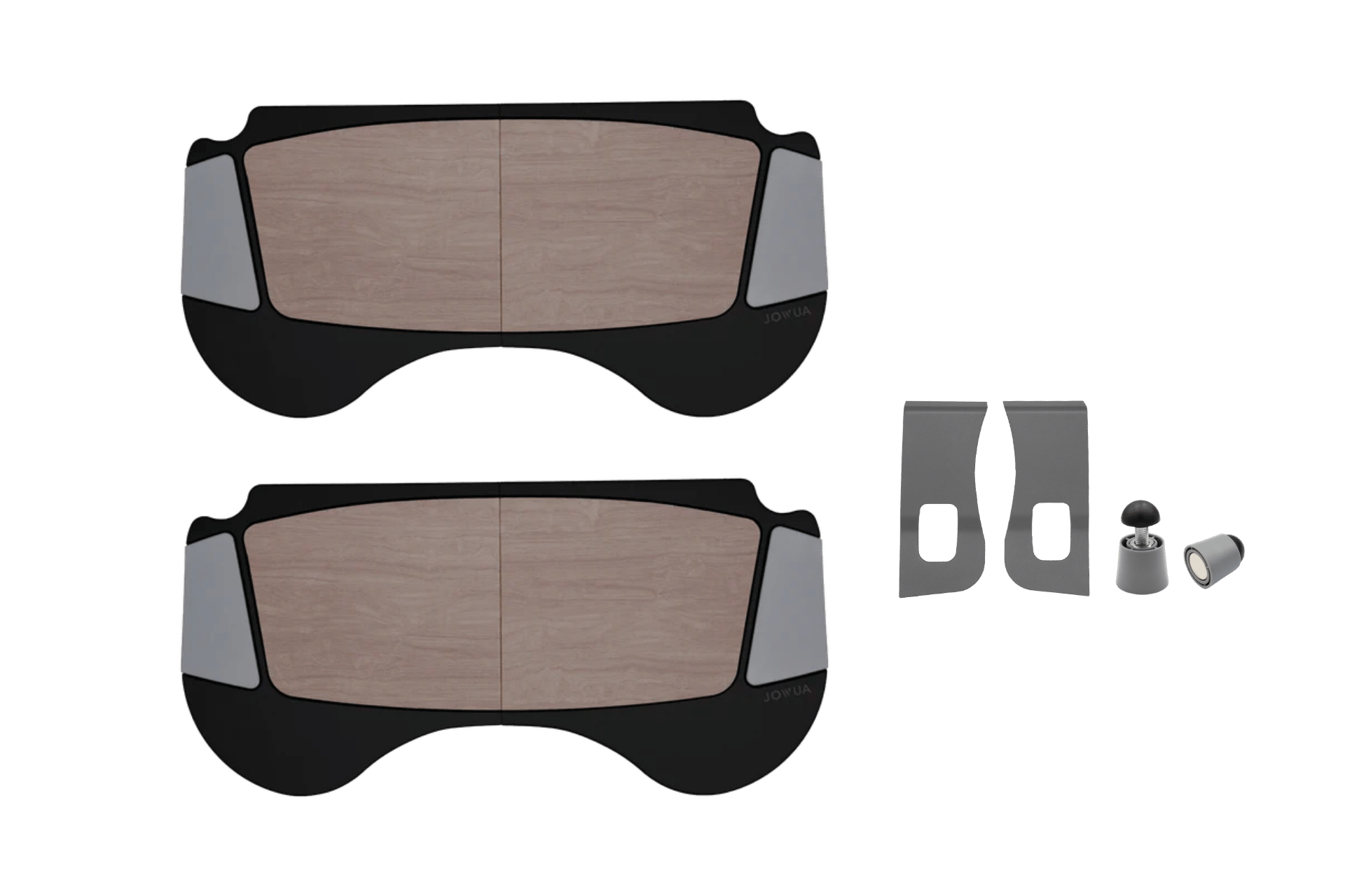 JOWUA 台灣車用折疊桌板兩入組採用黑色和淺色木材製成,包括兩個灰色支架和一個位於清晰背景上的小金屬圓柱體 - 非常適合特斯拉或行動辦公室使用。.