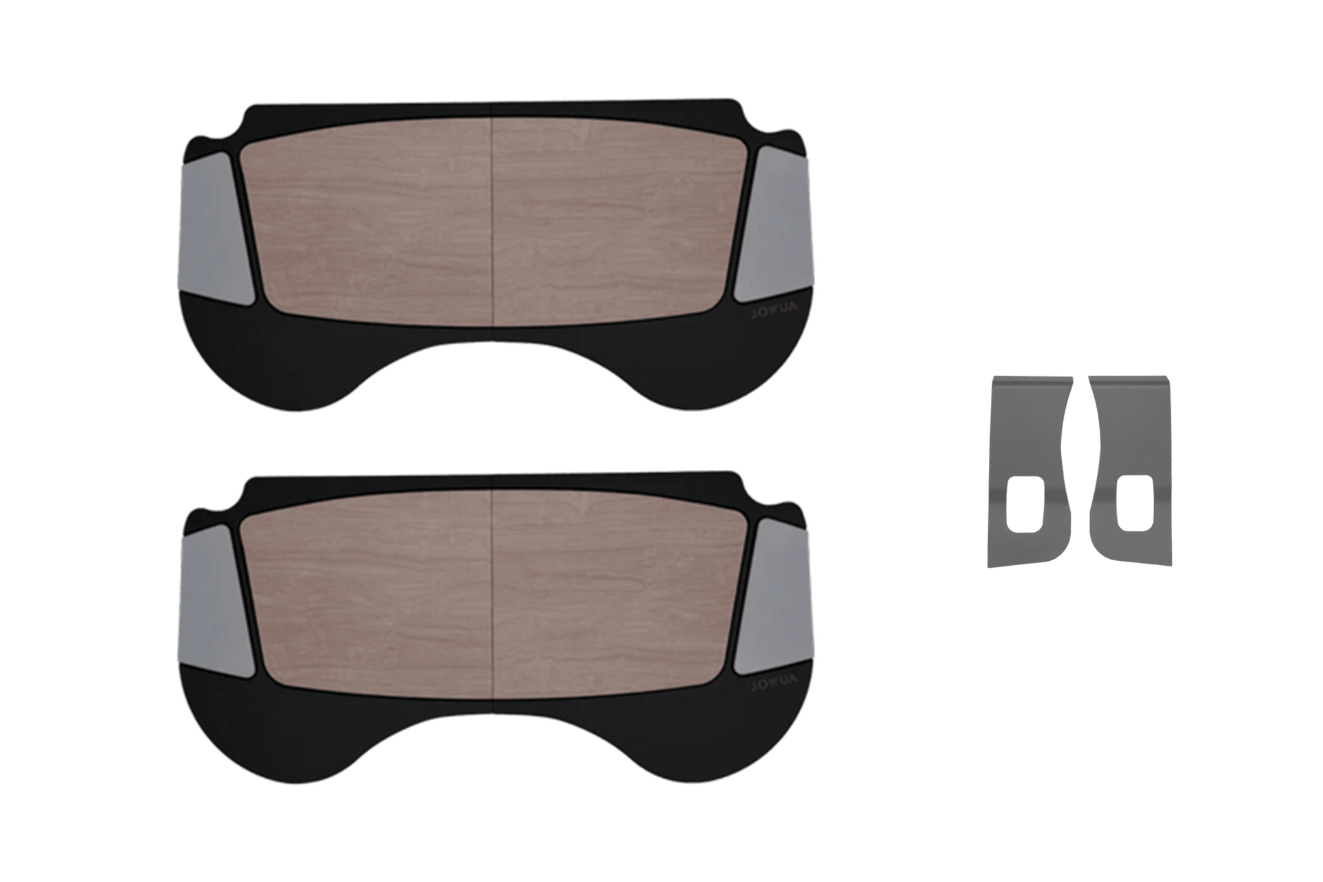 兩塊相同的車用折疊桌板 兩入組由 JOWUA Taiwan 出品,邊緣為黑色和灰色,中心為木質,並排陳列在您的行動辦公室中。右側顯示了一個抽象的灰色小標誌。.