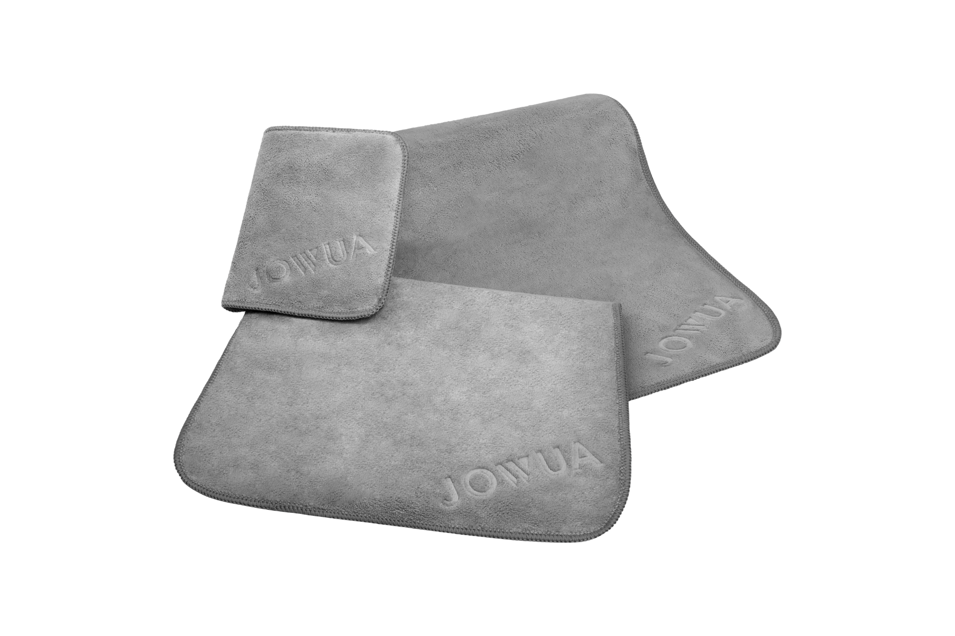 展出三條印有「JOWUA Taiwan」字樣的灰色超細纖維毛巾;非常適合清潔和擦車布任務,具有出色的吸水性能。最大的毛巾放在後面,兩條較小的毛巾重疊在上面。產品:超細纖維擦車布(三件組)。.