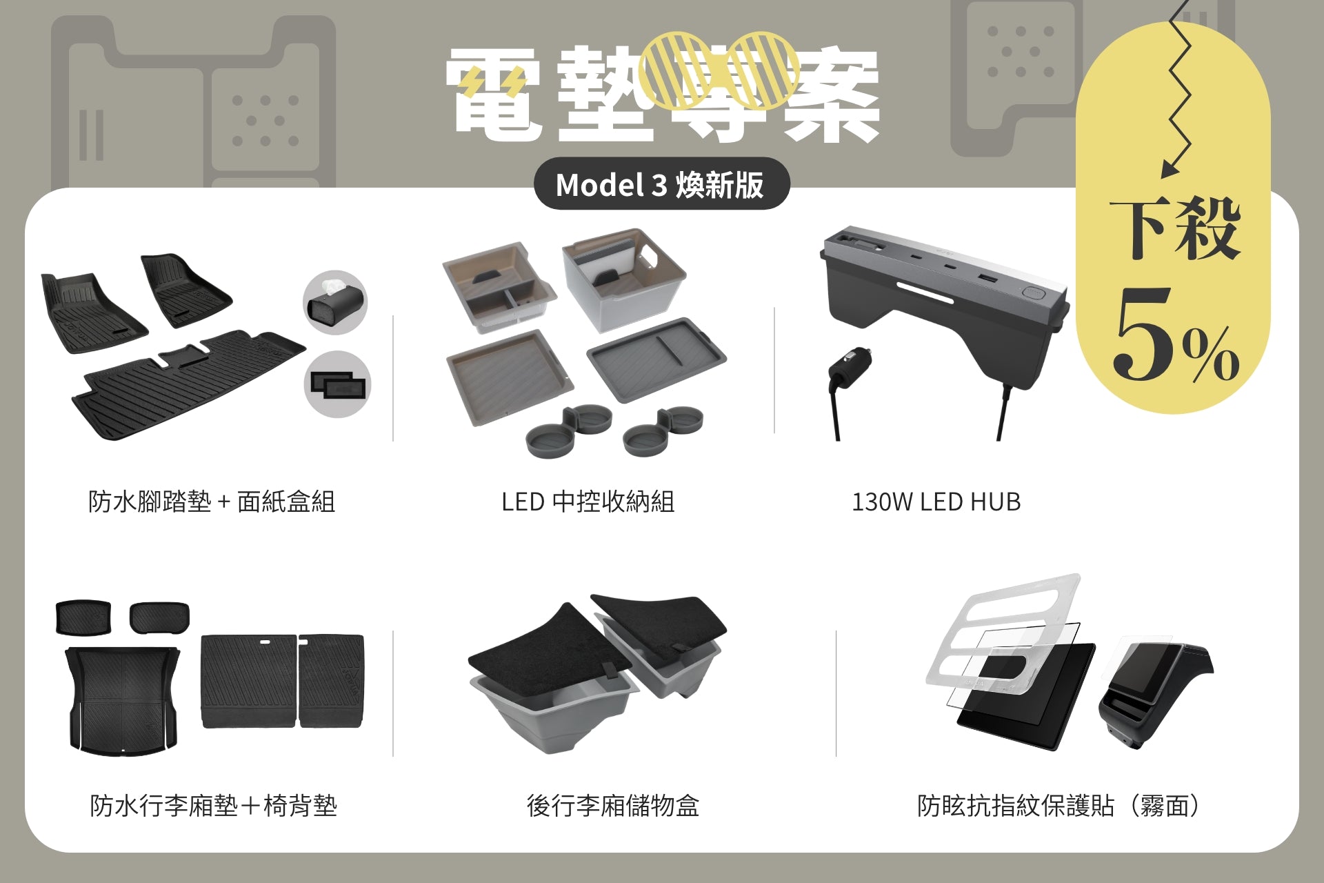 JOWUA Taiwan 電墊專案【Model 3 煥然新版|交車禮包】含防水腳踏墊、LED收納、後座墊等豐富配件,中文版指南全圖文介紹,全館下單享5%折扣!【Model 3 煥然新版|交車禮包】含防水腳踏墊、LED收納、後座墊等豐富配件,中文版指南全圖文介紹,全館下單享5%折扣.