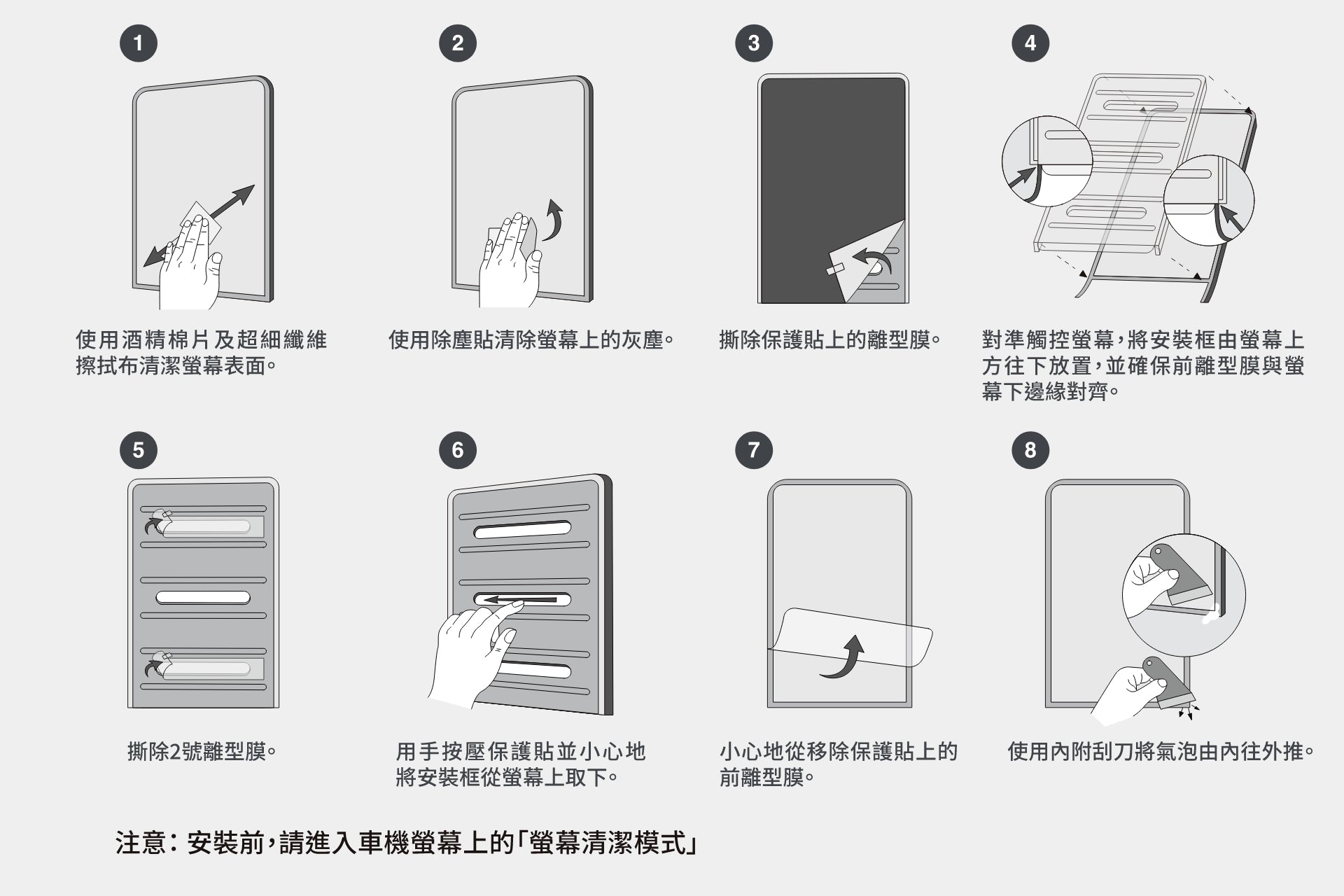 JOWUA 台灣玻璃幕保護貼 (LUXGEN n⁷) 說明書以中文編號順序顯示,並附有圖示詳細說明安裝和使用步驟,如插入、固定、調整組件和拆卸。.