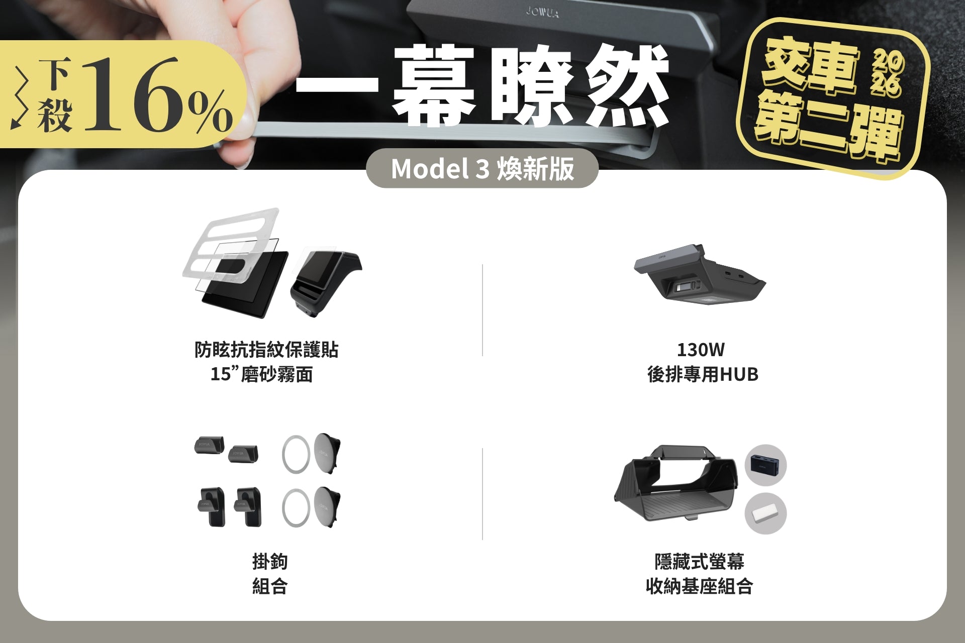 JOWUA Taiwan 一幕瞭然【Model 3 煥新版|第二彈交車禮包】促銷圖,主打螢幕保護貼、支架、130W後排專用HUB,享16%折扣,還有舊換新活動! JOWUA Taiwan.