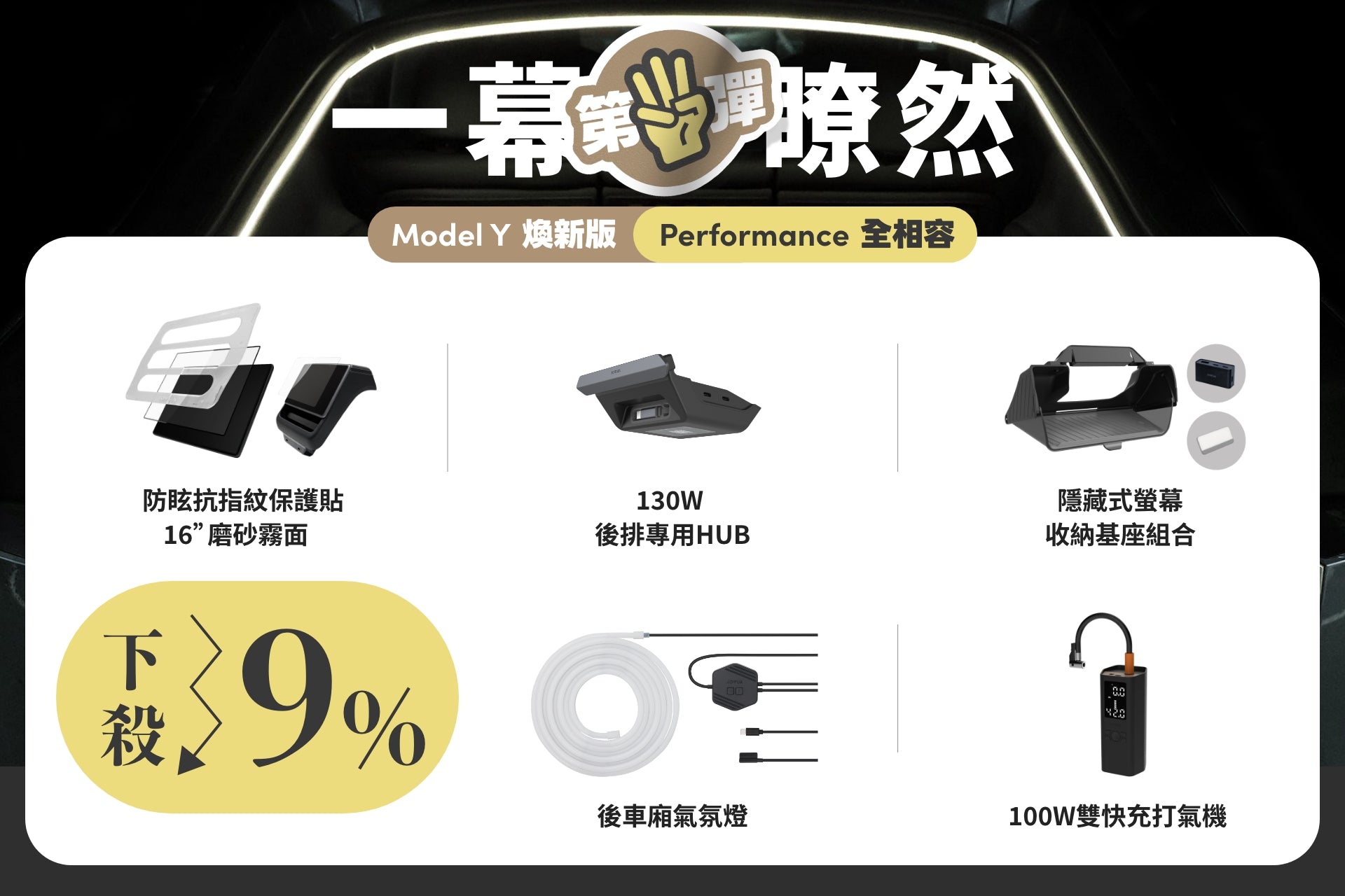 這份資訊圖表介紹了 JOWUA 台灣的「一幕瞭然【Model Y 煥新版|第三彈交車禮包】」配件組合——包含 Model Y 螢幕保護貼(防刮螢幕保護貼)、 130W 後排專用集線器(rear hub)、收納組合、後座充氣床墊,以及車用 Type-C 雙埠充電器——並以黃色標示「9% 折扣」促銷資訊。.