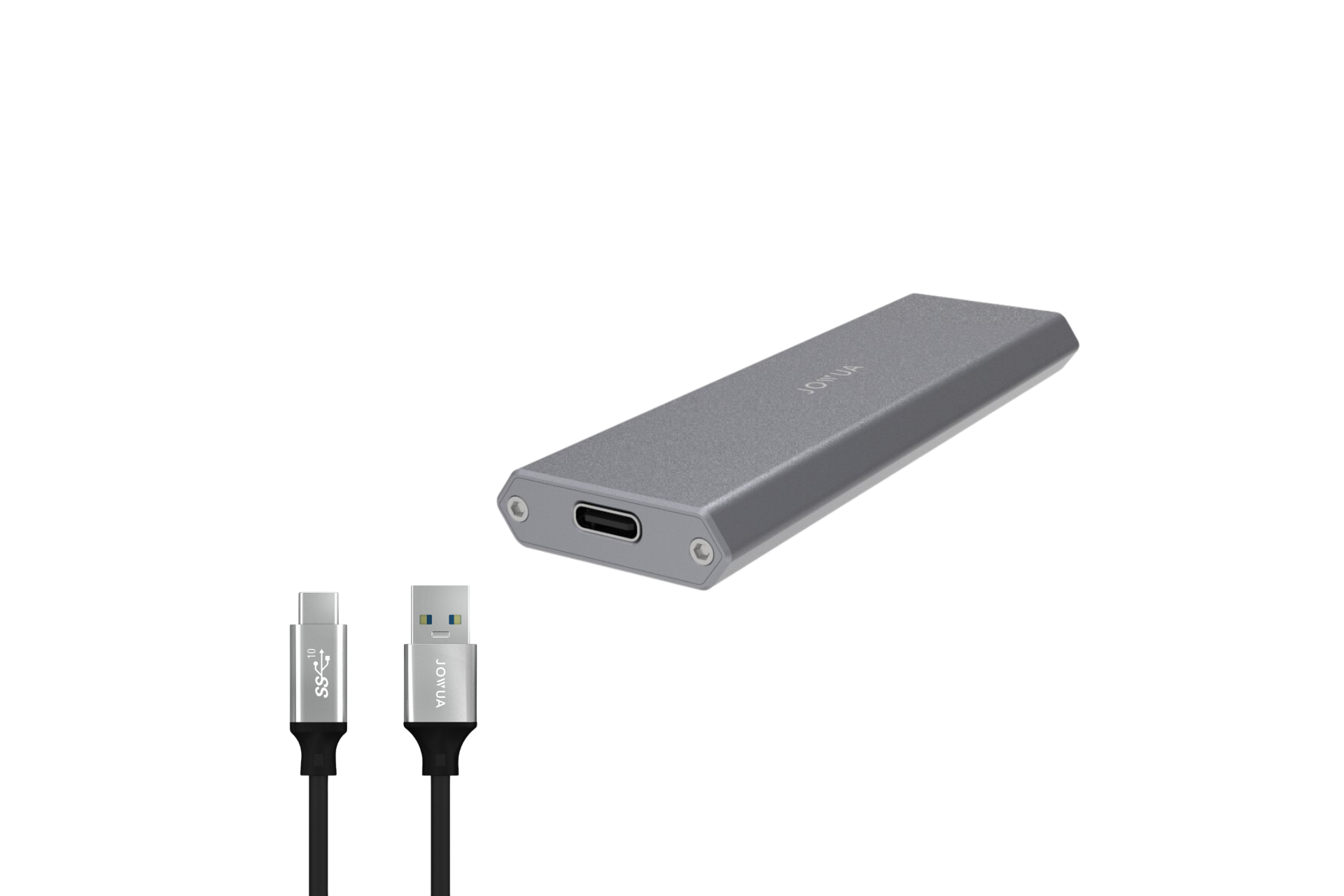 JOWUA Taiwan「SSD for Tesla Steam & DashCam 高速儲存 1TB」是一款配備 USB-C 連接埠的銀色 NVMe SSD,以一定角度展示。它採用灰色電纜:一條 USB-C 轉 USB-C,另一根 USB-C 轉 USB-A,均帶有黑色連接器,提供高達 10Gbps 的傳輸速度。.
