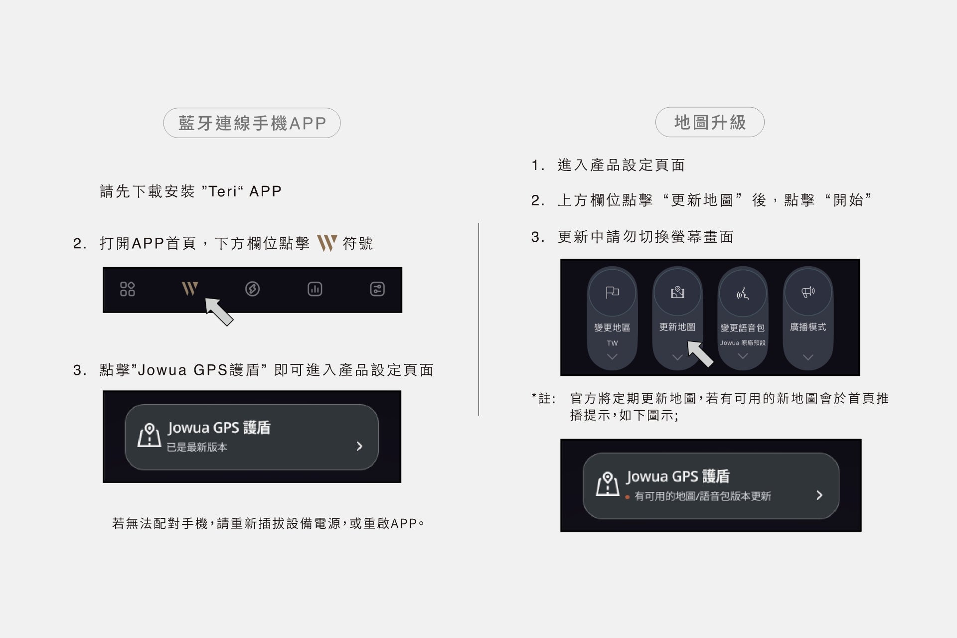 JOWUA Taiwan 一幕瞭然【Model 3/Y 煥新版|交車禮包】附中文指南,圖示配對藍牙手機及升級定位設定步驟,標示按鈕與截圖,方便用戶操作並點選 「Jowa GPS語音 」功能。.