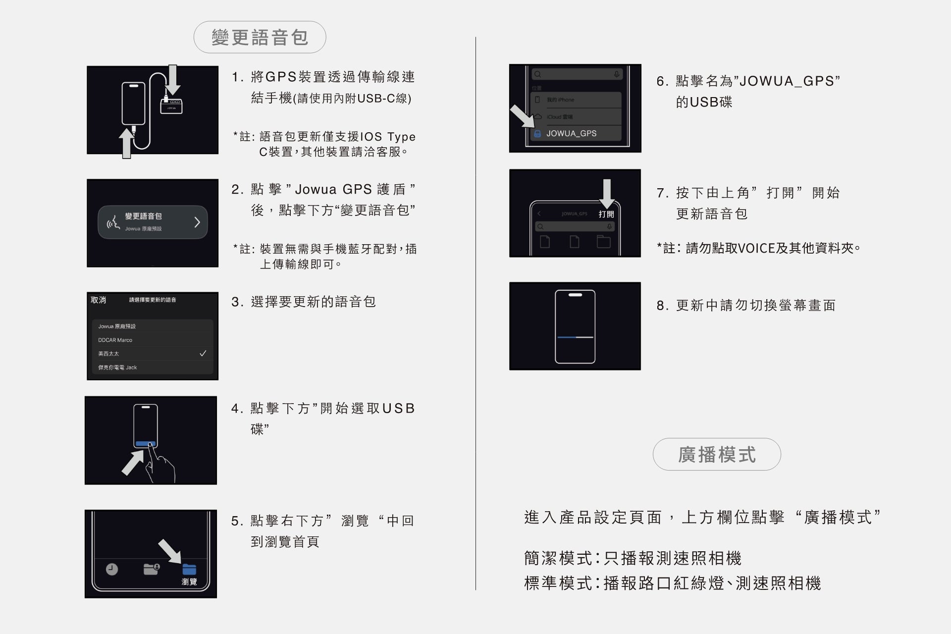 一幕瞭然【Model 3/Y 煥新版|交車禮包】中文操作步驟圖解,由 JOWUA Taiwan 提供、一幕瞭然【Model 3/Y 煥然新版|車交禮包】由台灣 JOWUA 提供,附有裝置圖解,說明如何在 JOWUA GPS 上變更語言、使用智慧型手機廣播模式,以及整合 Qi2 無線充電車架。.