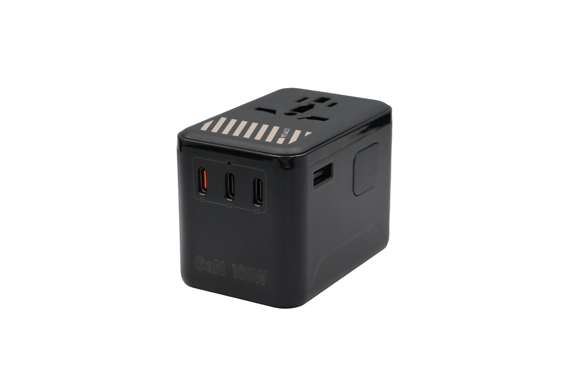 JOWUA Taiwan 100W 旅行萬國插頭氮化鎵充電器,是一款黑色 GaN 旅行充電器,配備兩個 USB-C 接口、一個 USB-A 接口及多種插座,支援快速充電,是出國充電的理想選擇,圖中展示於純白色背景上。.