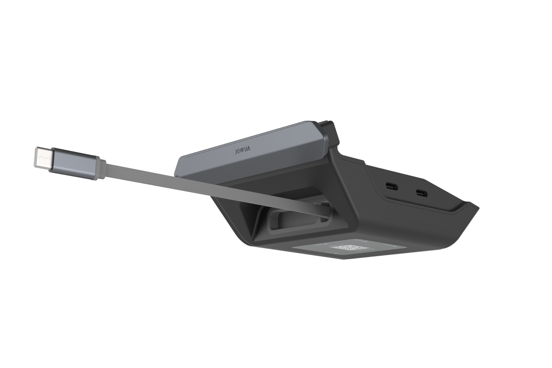 白底黑色 JOWUA Taiwan 130W LED 後排專用 HUB (Model 3/Y 煥然一新版),內建可伸縮 USB-C 連接線、雙 USB-C 連接埠,以及灰色頂部點綴。.