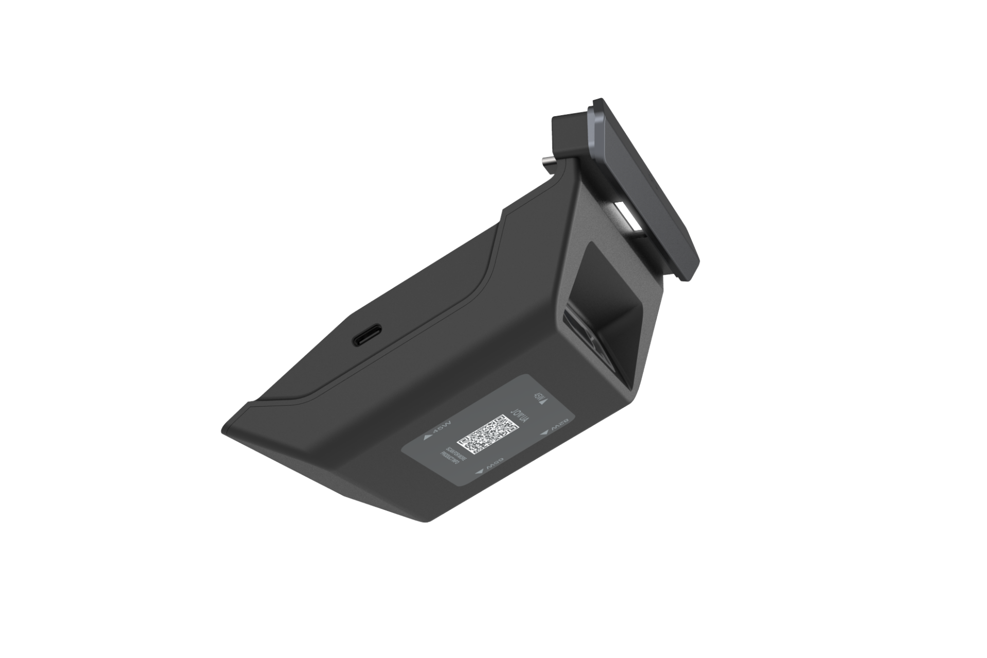 來自 JOWUA Taiwan-130W LED 後排專用 HUB (Model 3/Y 煥然一新版),黑色、有棱有角的裝置,附有 QR code 標籤和插槽,非常適合 Model 3/Y 後排快速充電,或作為 130W USB-C HUB 設定的一部分。.