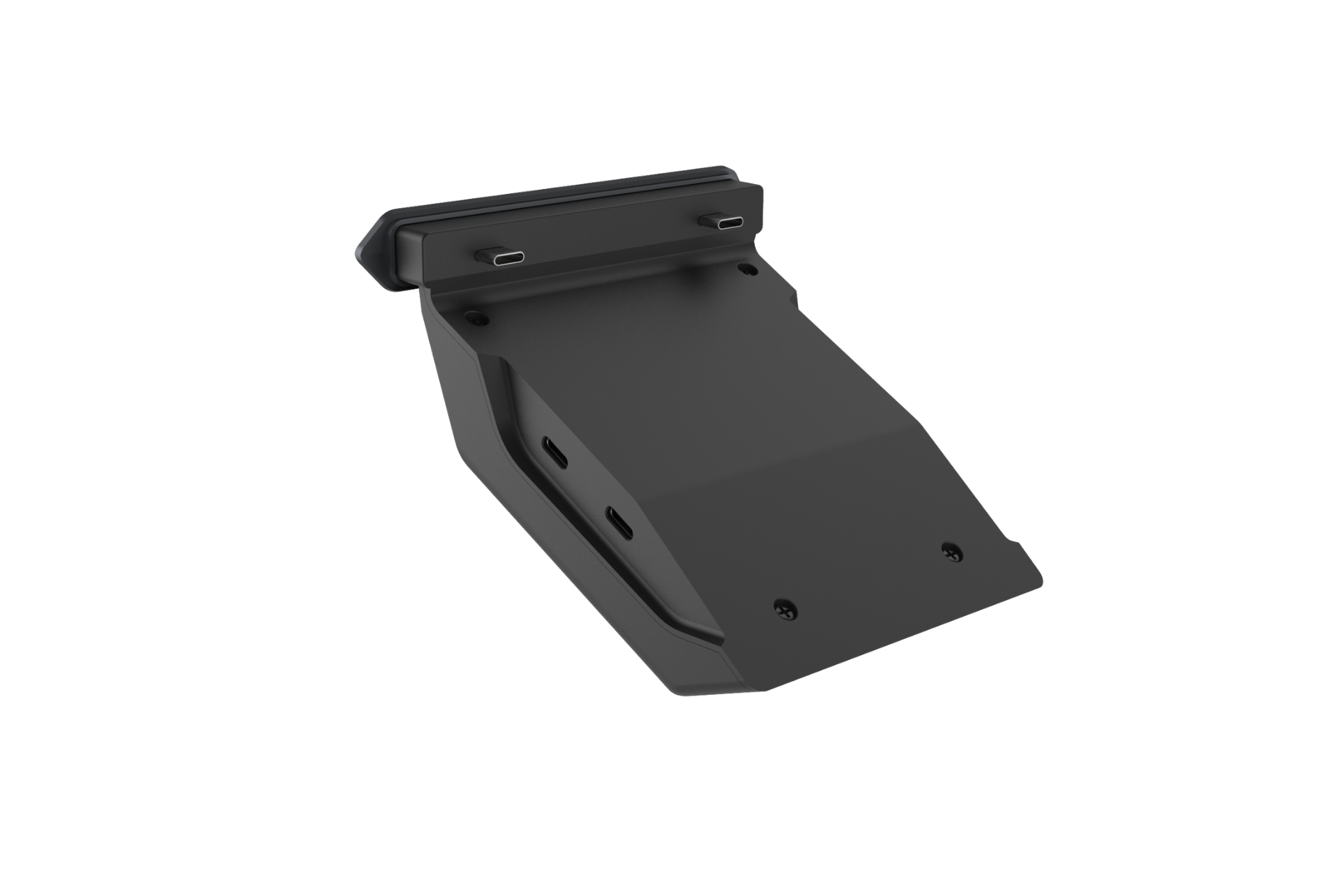 黑色、帶有安裝孔的角狀金屬支架,顯示在白色背景上。專為 JOWUA Taiwan 130W LED 後排專用 HUB (Model 3/Y 煥然一新版) 設計,適用於汽車或工業用途。.