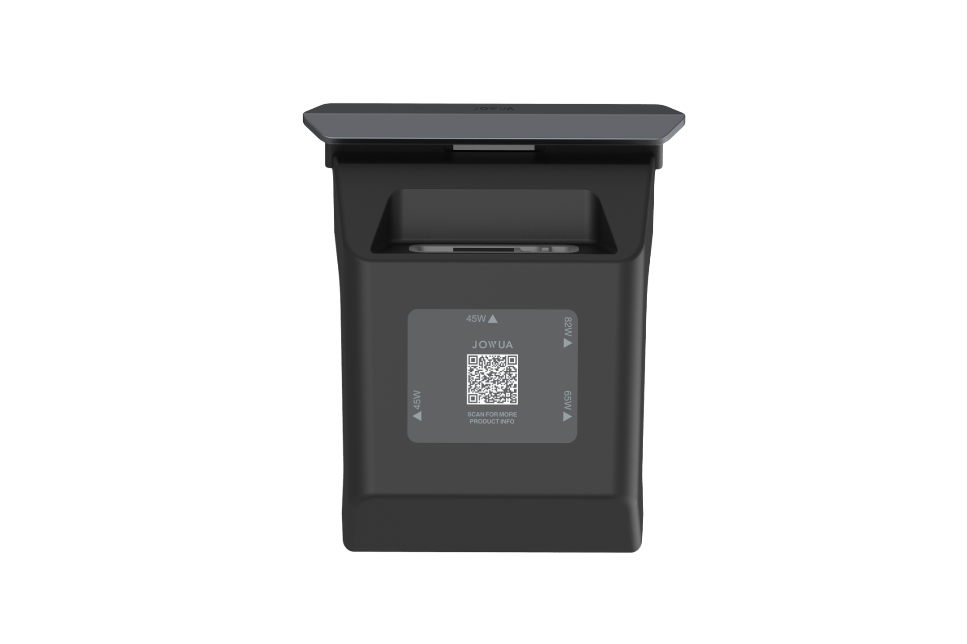 由 JOWUA Taiwan 製造的黑色長方形 130W LED 後排專用 HUB (Model 3/Y 煥然一新版),具有凸起的頂部、中央 QR 碼標籤和正面方向箭頭。顯示在純白色背景上。適用於 Model 3/Y 後排快速充電。.