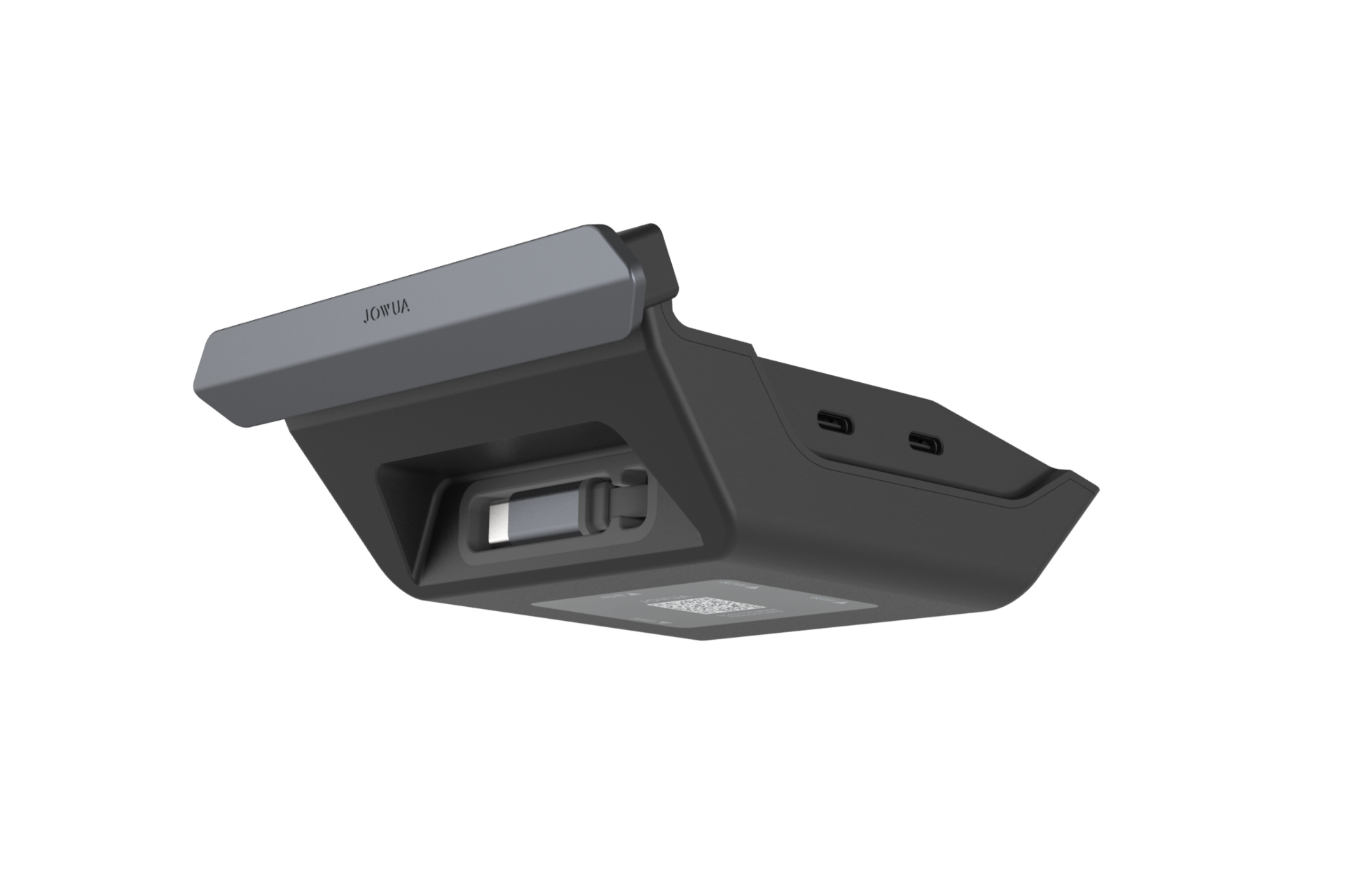 以純白色為背景的黑灰色長方形 JOWUA Taiwan 130W LED 後排專用 HUB (Model 3/Y 煥然一新版),具有一個前置插槽和兩個側邊 USB-C 連接埠,非常適合 Tesla Model 3/Y。.