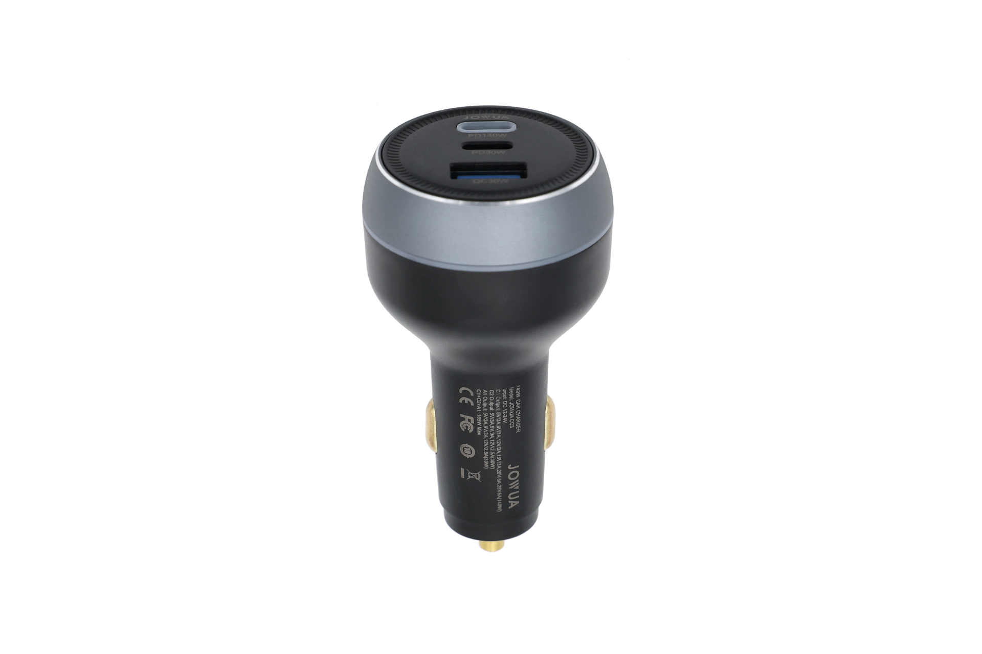 JOWUA台灣165W PD3.1高效車充,黑銀結局技術,具備高功率快充,頂部配備兩個USB-C和一個USB-A端口,三端口輸出,適用於汽車點煙器插孔。.
