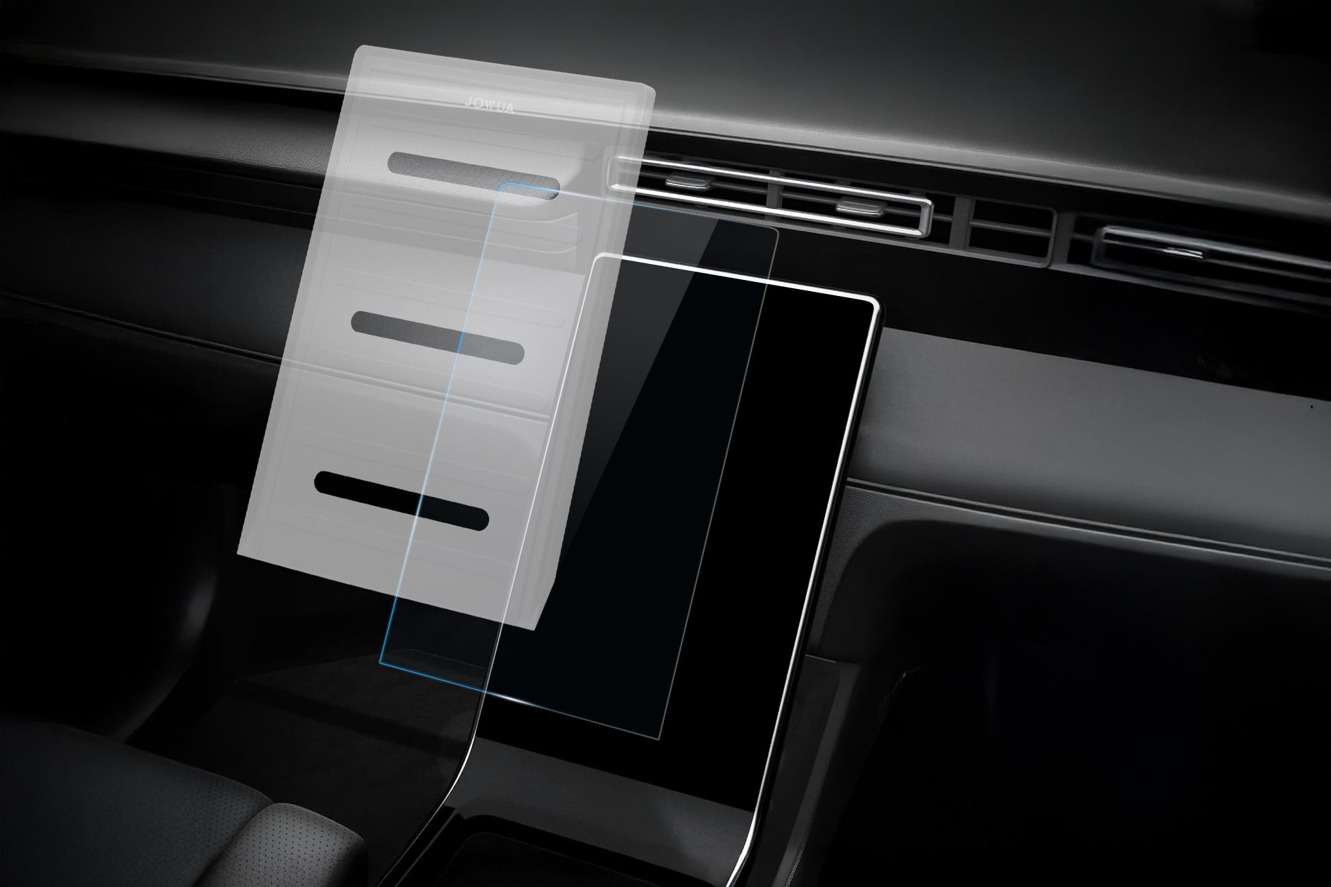LUXGEN n⁷ 汽車儀表板的大觸控螢幕上部分採用了來自 JOWUA 台灣的玻璃幕保護貼。 9H硬度強化玻璃確保彈性,增強螢幕安裝過程。上方可見通風口,有助於營造黑暗而簡約的室內設計。.