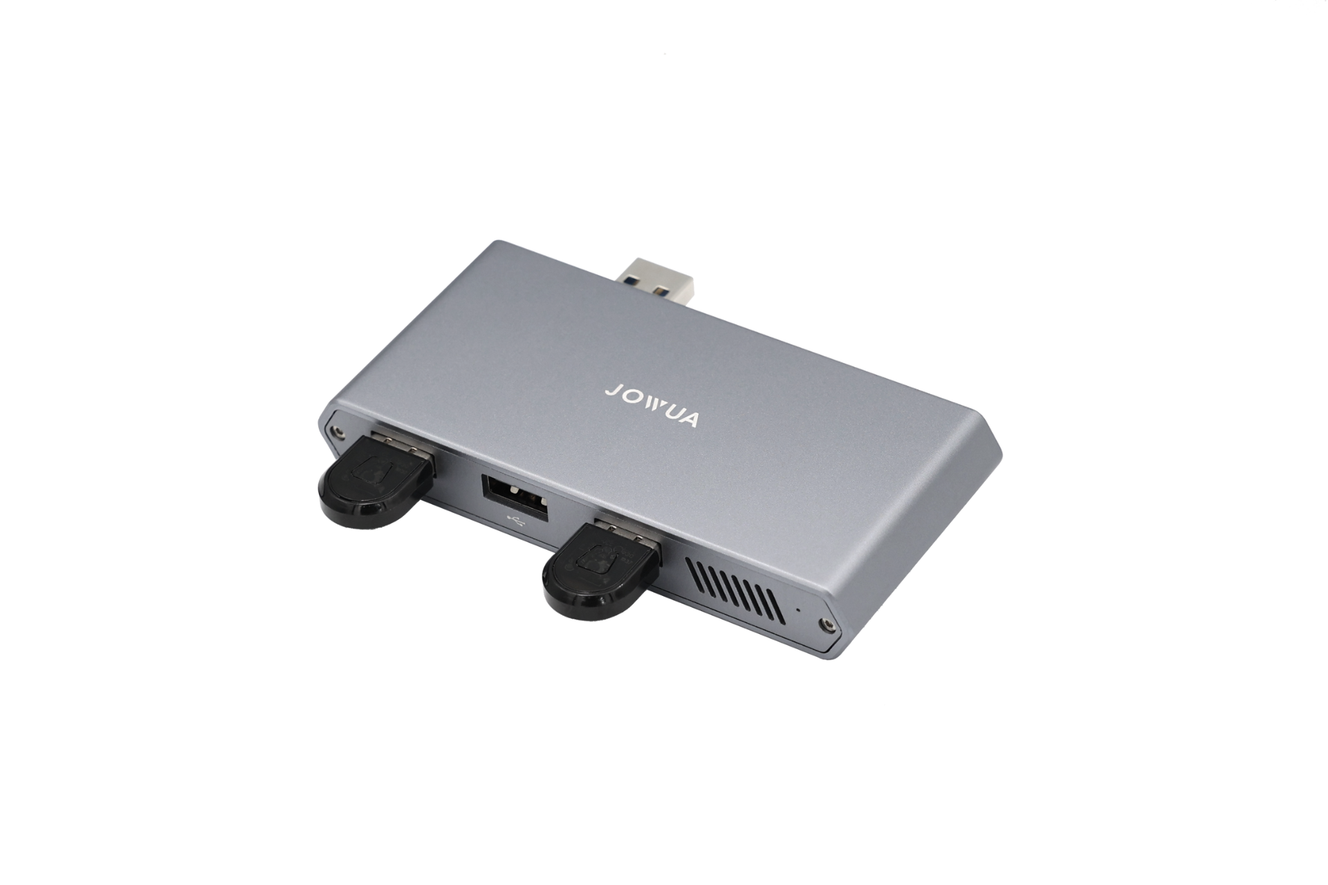 銀色長方形 JOWUA Taiwan Tesla 專用 1 TB SSD+3 Port HUB for Model S/X、Model 3/Y煥然一新版及 Cybertruck 顯示在白色背景上,具有兩個黑色連接埠、一個乙太網路連接埠及通風縫,是 USB 擴充或 NVMe 儲存的理想選擇。.