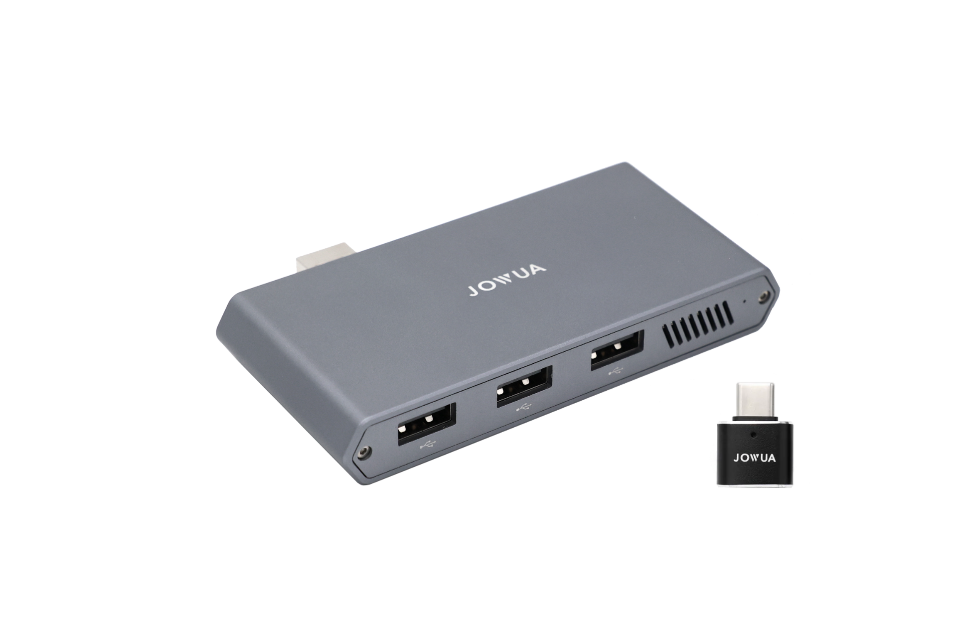台灣JOWUA的灰色長方形“特斯拉專用1TB SSD+3端口HUB”具有三個USB端口,坐落在原始的白色背景上,旁邊是同品牌的小型方形黑色適配器。.