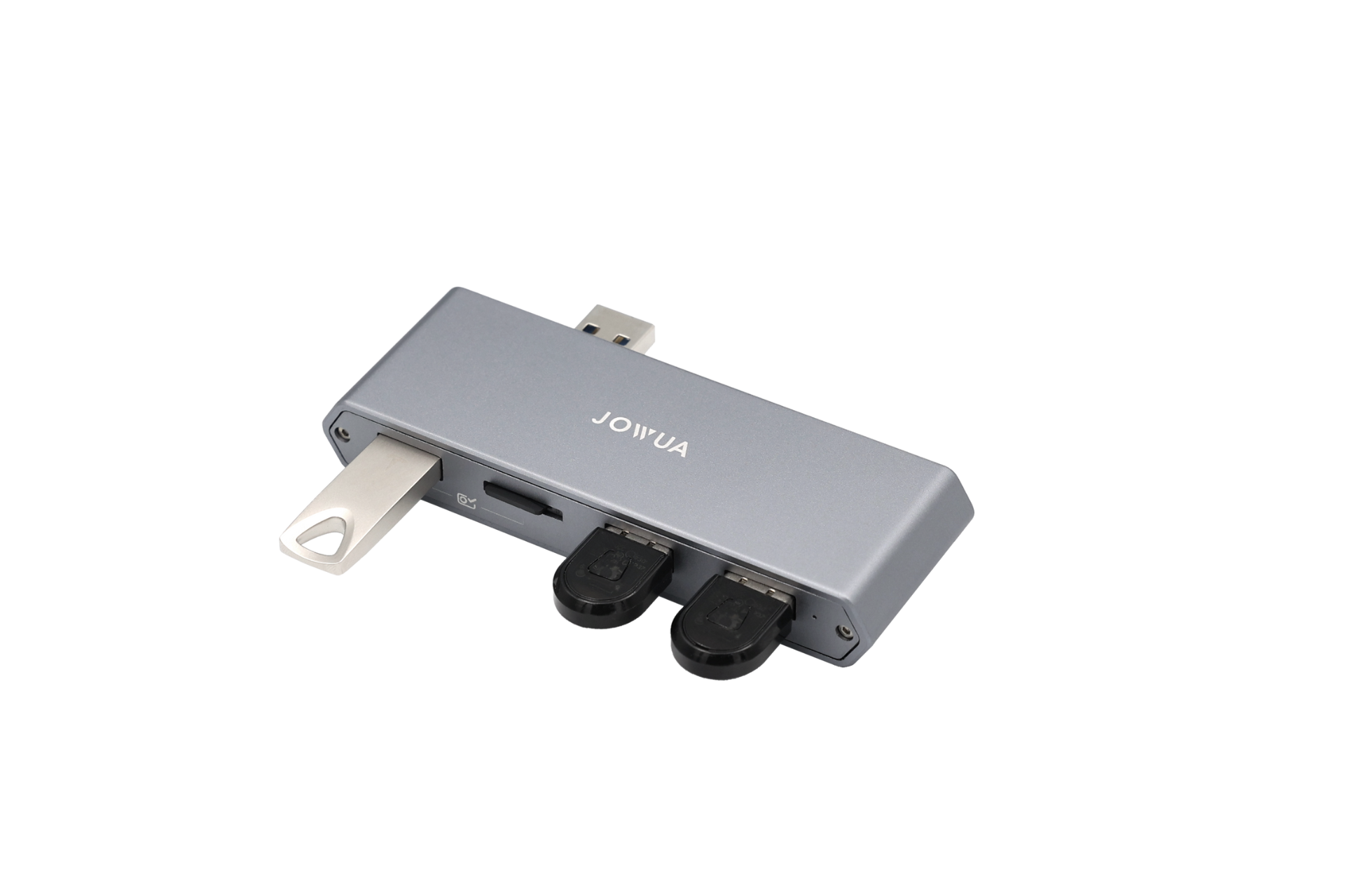 JOWUA Taiwan Tesla 雙用儲存 HUB (讀卡器 & 原廠 USB) 以灰色顯示,白色背景下插入兩個 USB 硬碟和一個白色 USB 裝置,相容於 Tesla HW4.0。.