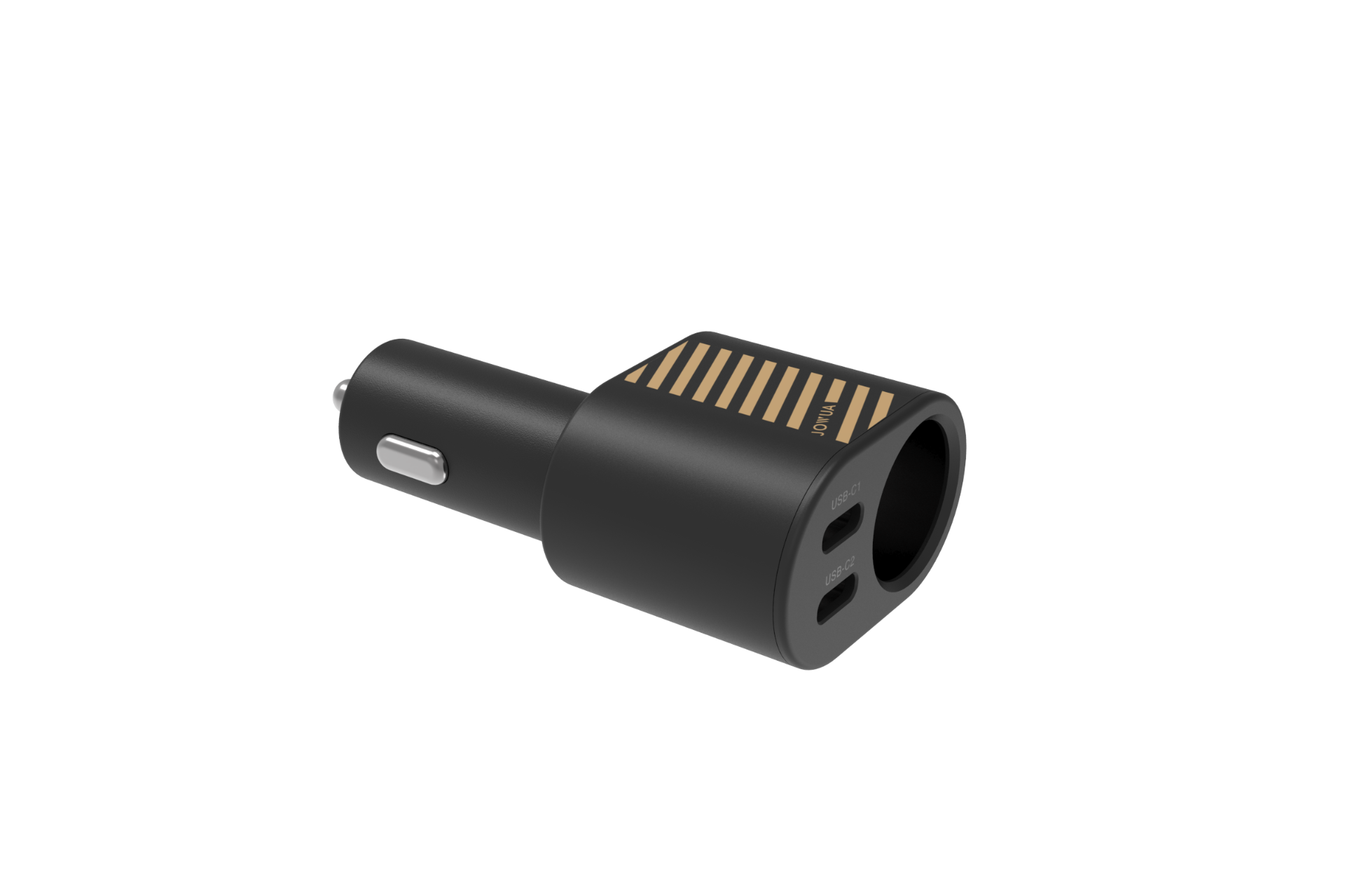 JOWUA Taiwan 三合一 Type-C 擴充點菸器車充是一款黑色車用充電器,長方形的末端、兩個 USB 連接埠和金色條紋的頂部,提供 200W 大功率車用電力擴充,顯示在白色背景上。.