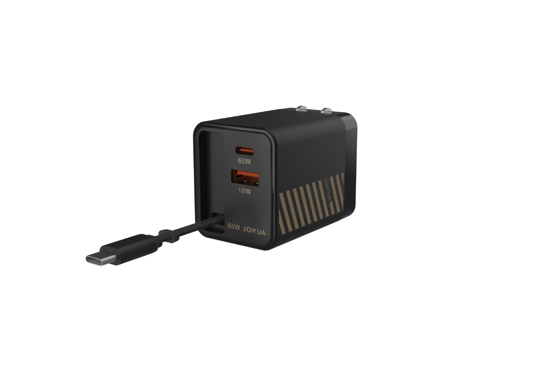 JOWUA 台灣 65W GaN 伸縮線充電器,黑色搭配金色條紋,擁有 65W 快速充電和 18W USB 連接埠。它的伸縮式 Type-C 線插入主連接埠,顯示在純白背景上。.