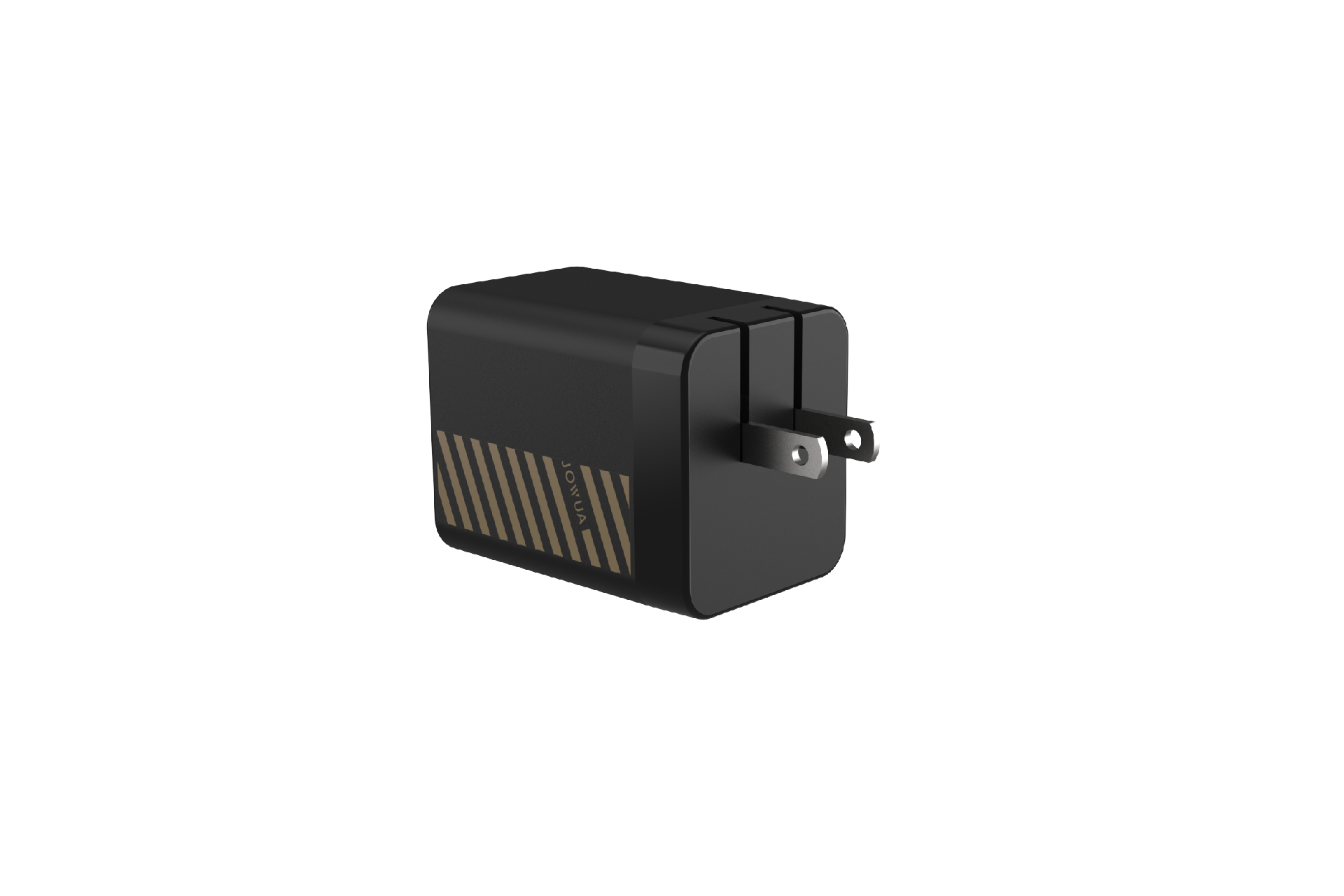 JOWUA 台灣 65W GaN 伸縮線充電器是一款黑色壁掛式充電器,有兩個金屬稜錐和金色條紋的一面,以純白色背景顯示。.